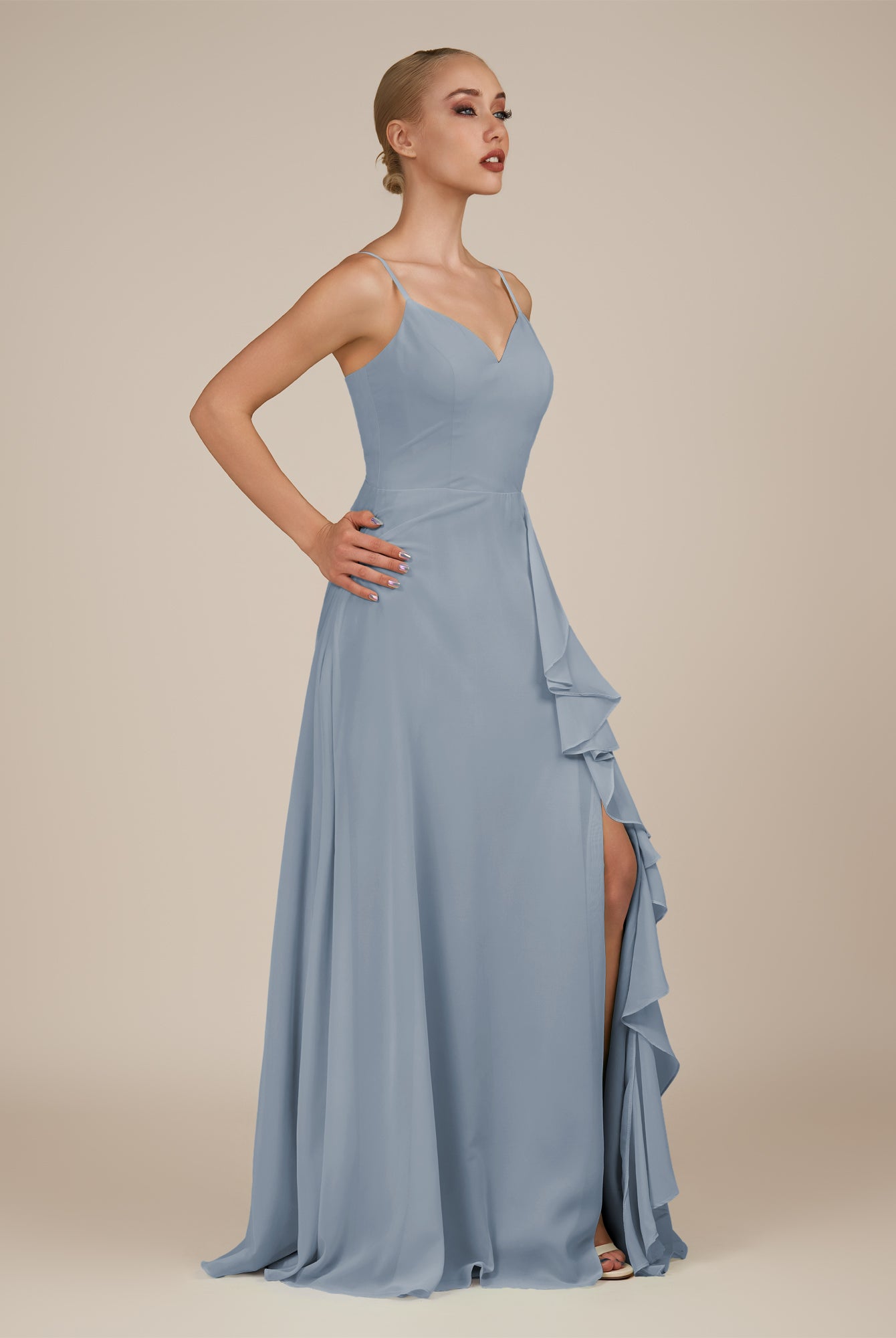 KissDress-Rhonda Dusty Blue Sheath Chiffon V Neck Ruffled Long Bridesmaid Dress with Slit