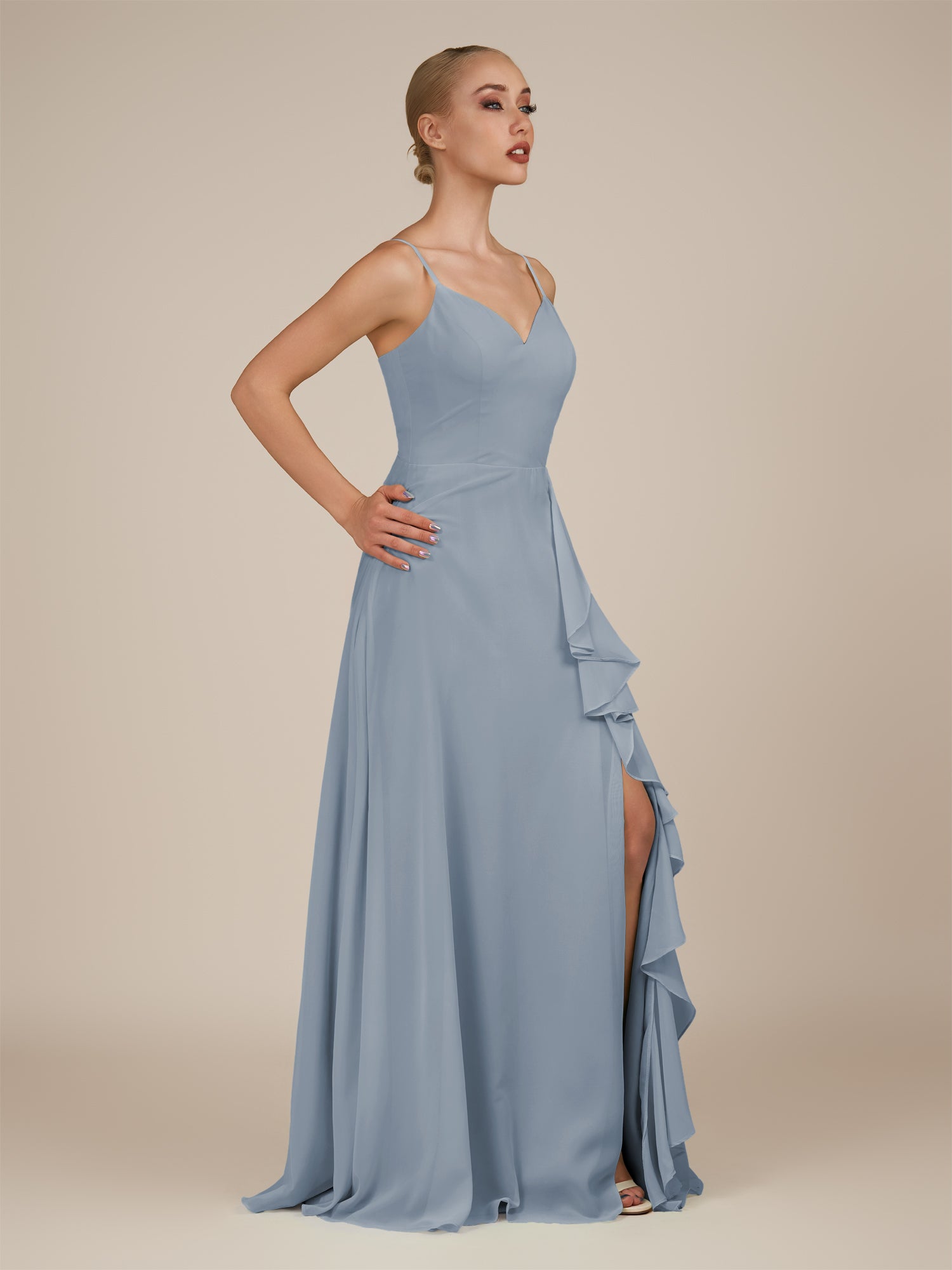 KissDress-Rhonda Dusty Blue Sheath Chiffon V Neck Ruffled Long Bridesmaid Dress with Slit