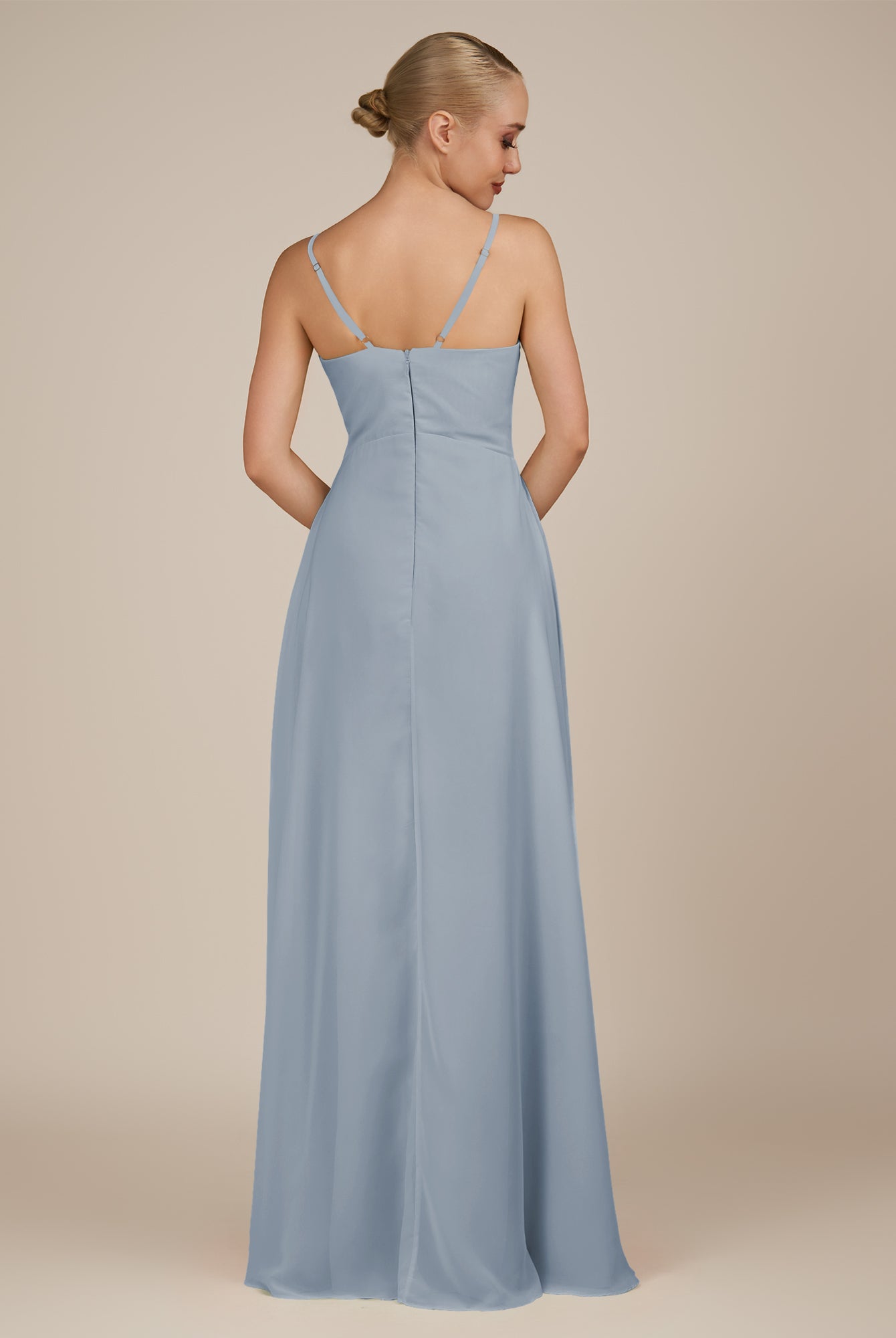 KissDress-Rhonda Dusty Blue Sheath Chiffon V Neck Ruffled Long Bridesmaid Dress with Slit