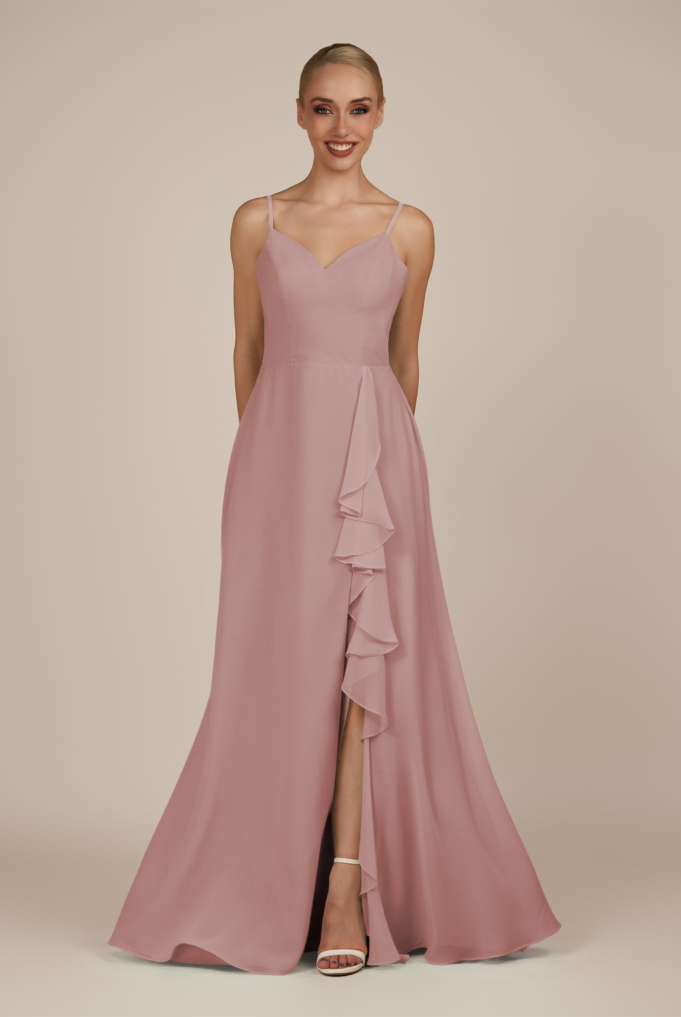 KissDress-Rhonda Dusty Rose Sheath Chiffon V Neck Ruffled Long Bridesmaid Dress with Slit