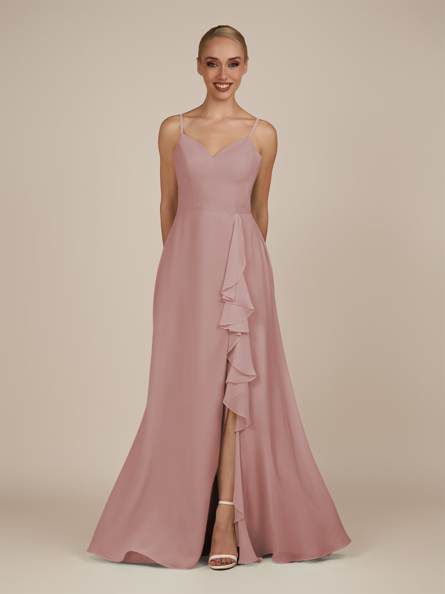 KissDress-Rhonda Dusty Rose Sheath Chiffon V Neck Ruffled Long Bridesmaid Dress with Slit