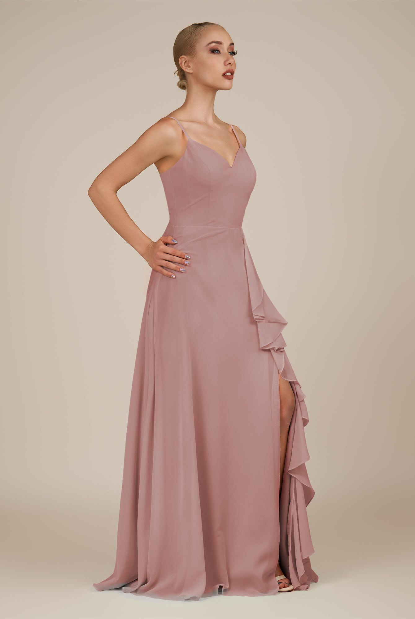 KissDress-Rhonda Dusty Rose Sheath Chiffon V Neck Ruffled Long Bridesmaid Dress with Slit