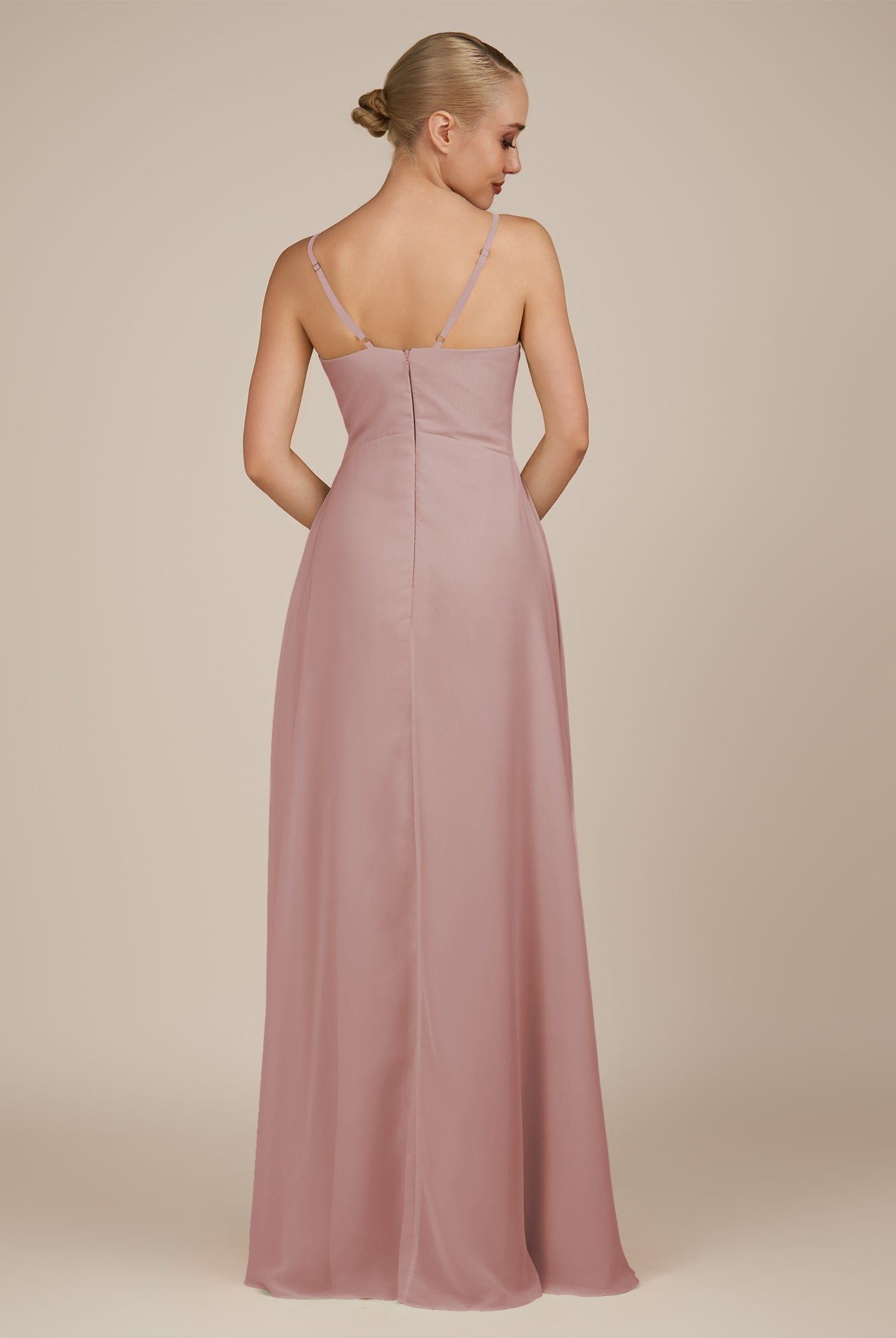 KissDress-Rhonda Dusty Rose Sheath Chiffon V Neck Ruffled Long Bridesmaid Dress with Slit