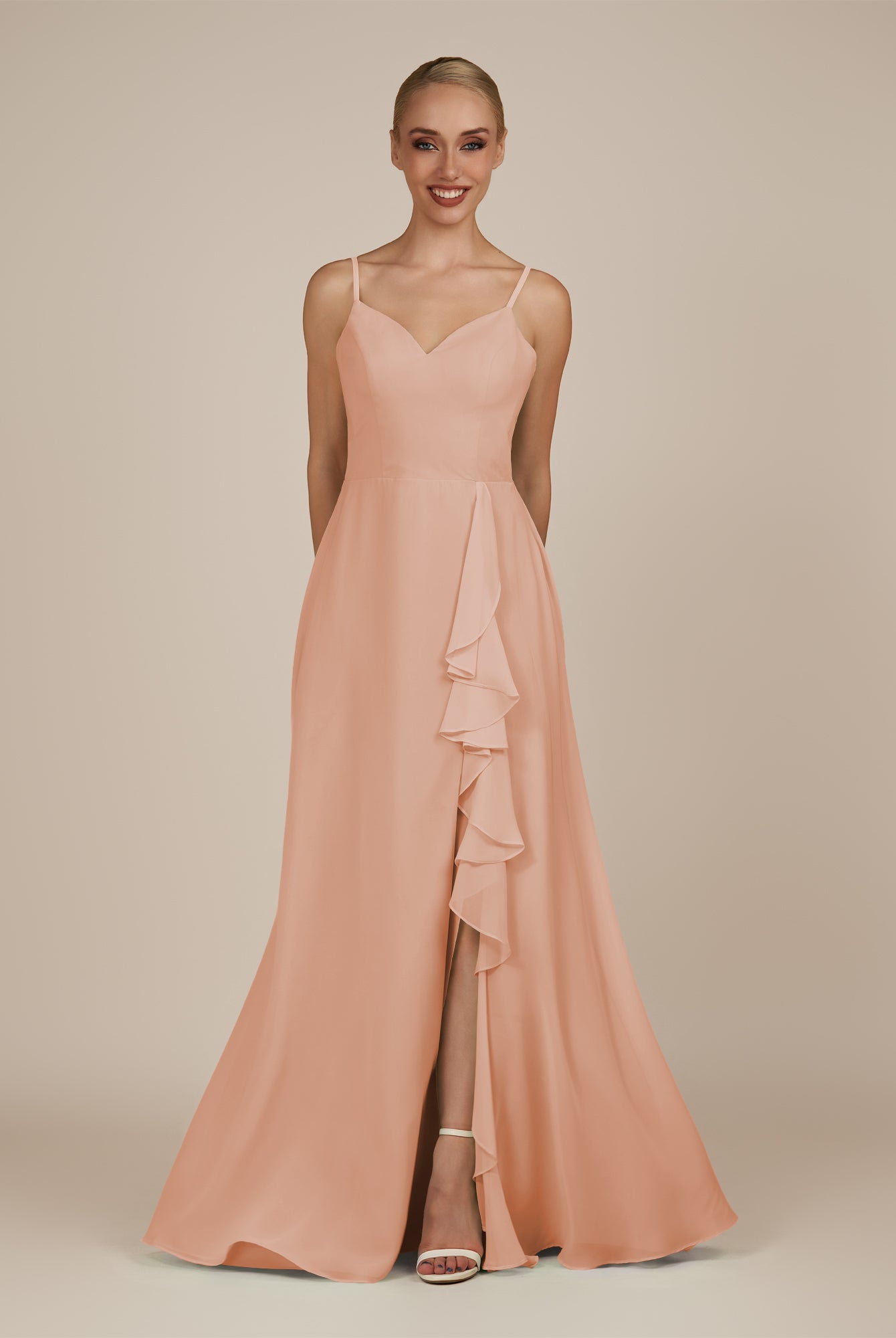 KissDress-Rhonda English Rose Sheath Chiffon V Neck Ruffled Long Bridesmaid Dress with Slit