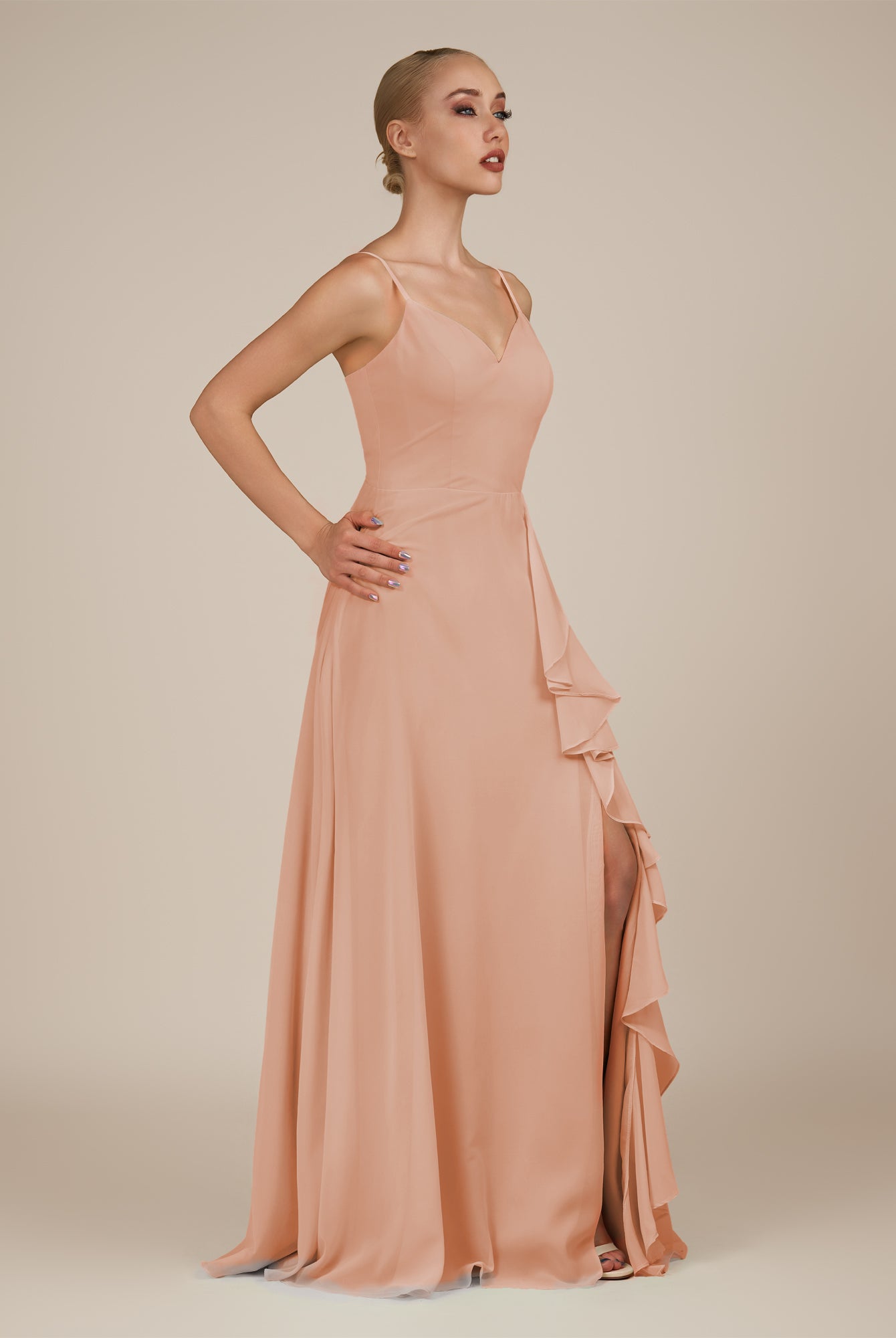 KissDress-Rhonda English Rose Sheath Chiffon V Neck Ruffled Long Bridesmaid Dress with Slit