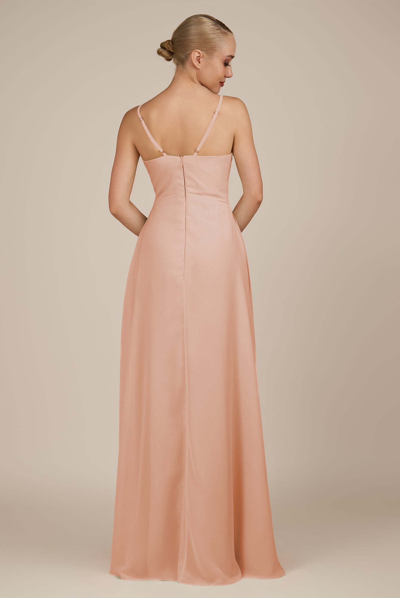 KissDress-Rhonda English Rose Sheath Chiffon V Neck Ruffled Long Bridesmaid Dress with Slit