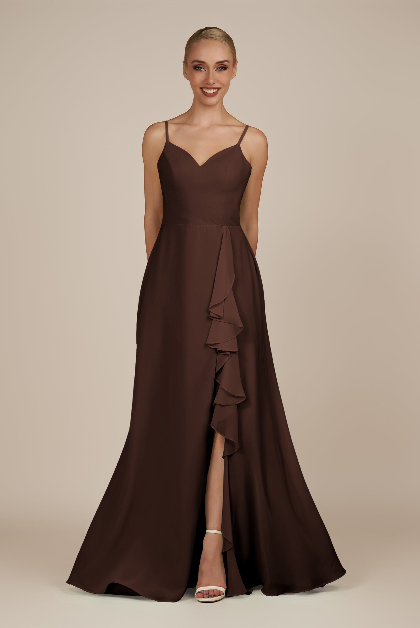 KissDress-Rhonda Espresso Sheath Chiffon V Neck Ruffled Long Bridesmaid Dress with Slit