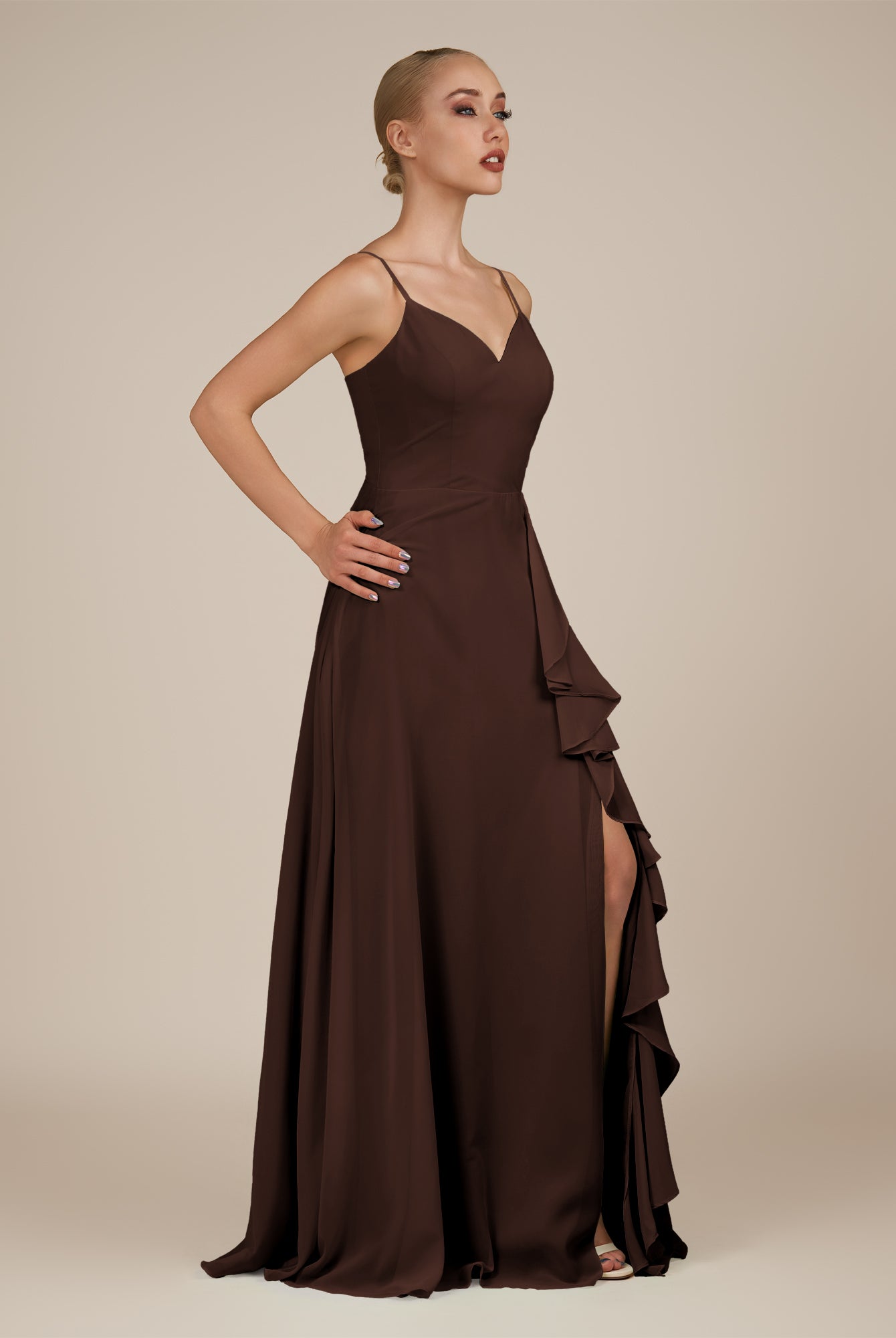KissDress-Rhonda Espresso Sheath Chiffon V Neck Ruffled Long Bridesmaid Dress with Slit
