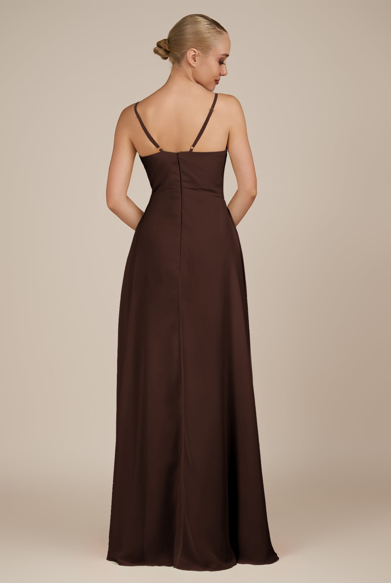 KissDress-Rhonda Espresso Sheath Chiffon V Neck Ruffled Long Bridesmaid Dress with Slit