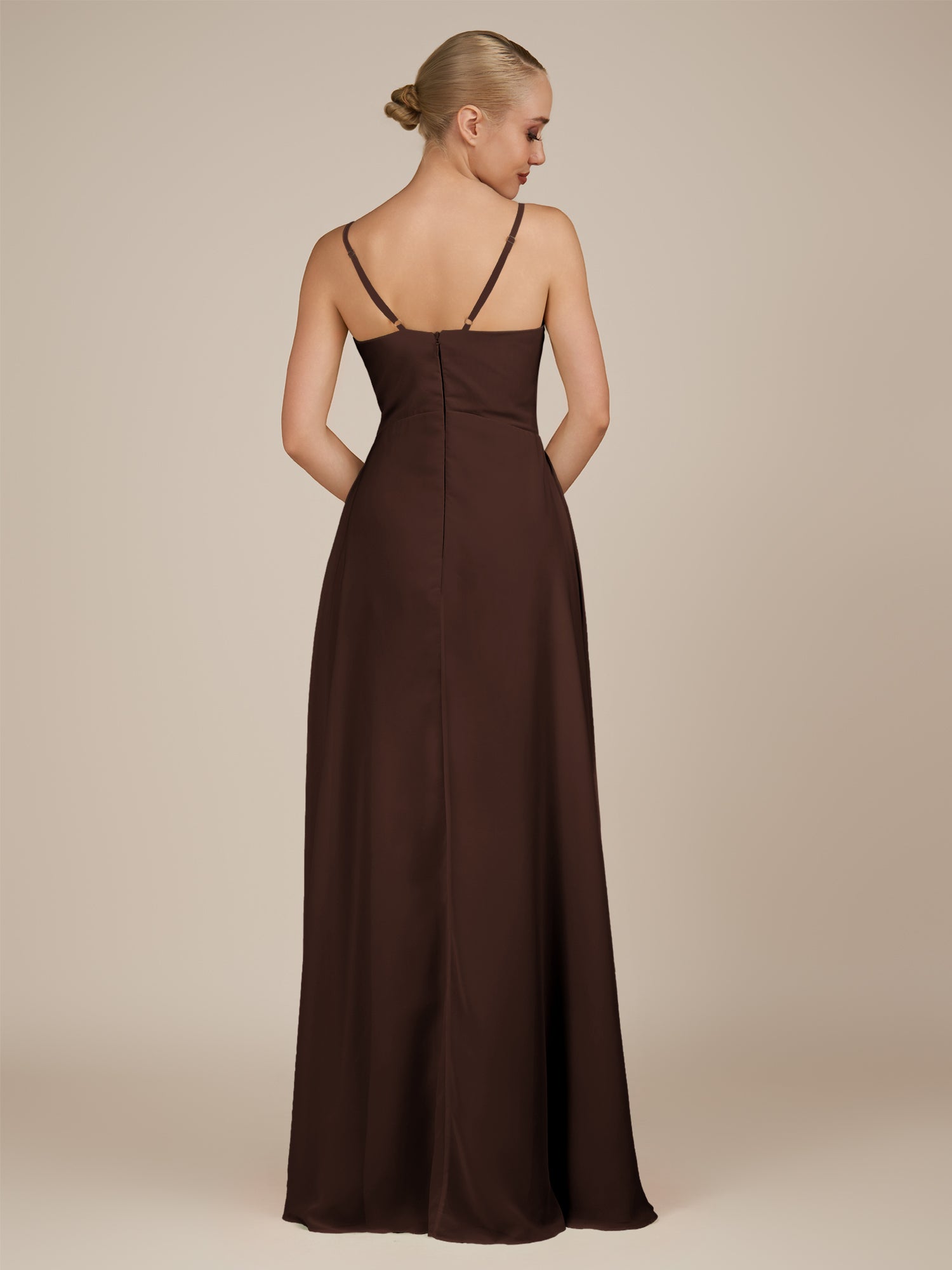 KissDress-Rhonda Espresso Sheath Chiffon V Neck Ruffled Long Bridesmaid Dress with Slit