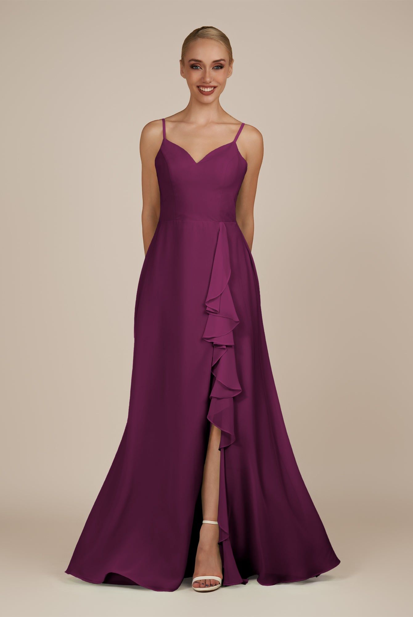 KissDress-Rhonda Fig Sheath Chiffon V Neck Ruffled Long Bridesmaid Dress with Slit
