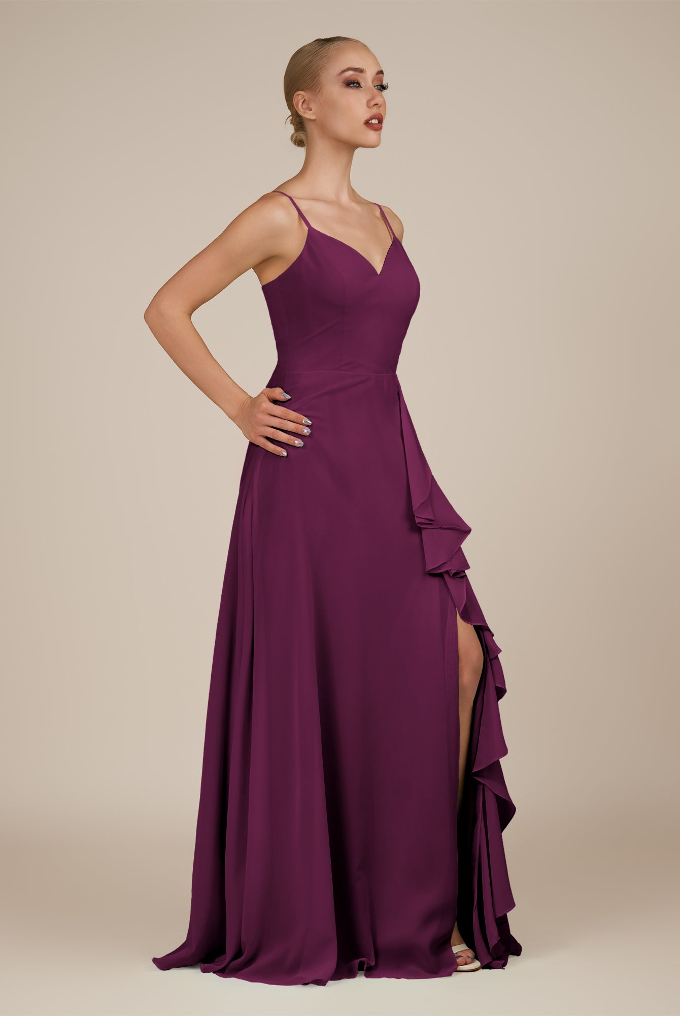 KissDress-Rhonda Fig Sheath Chiffon V Neck Ruffled Long Bridesmaid Dress with Slit