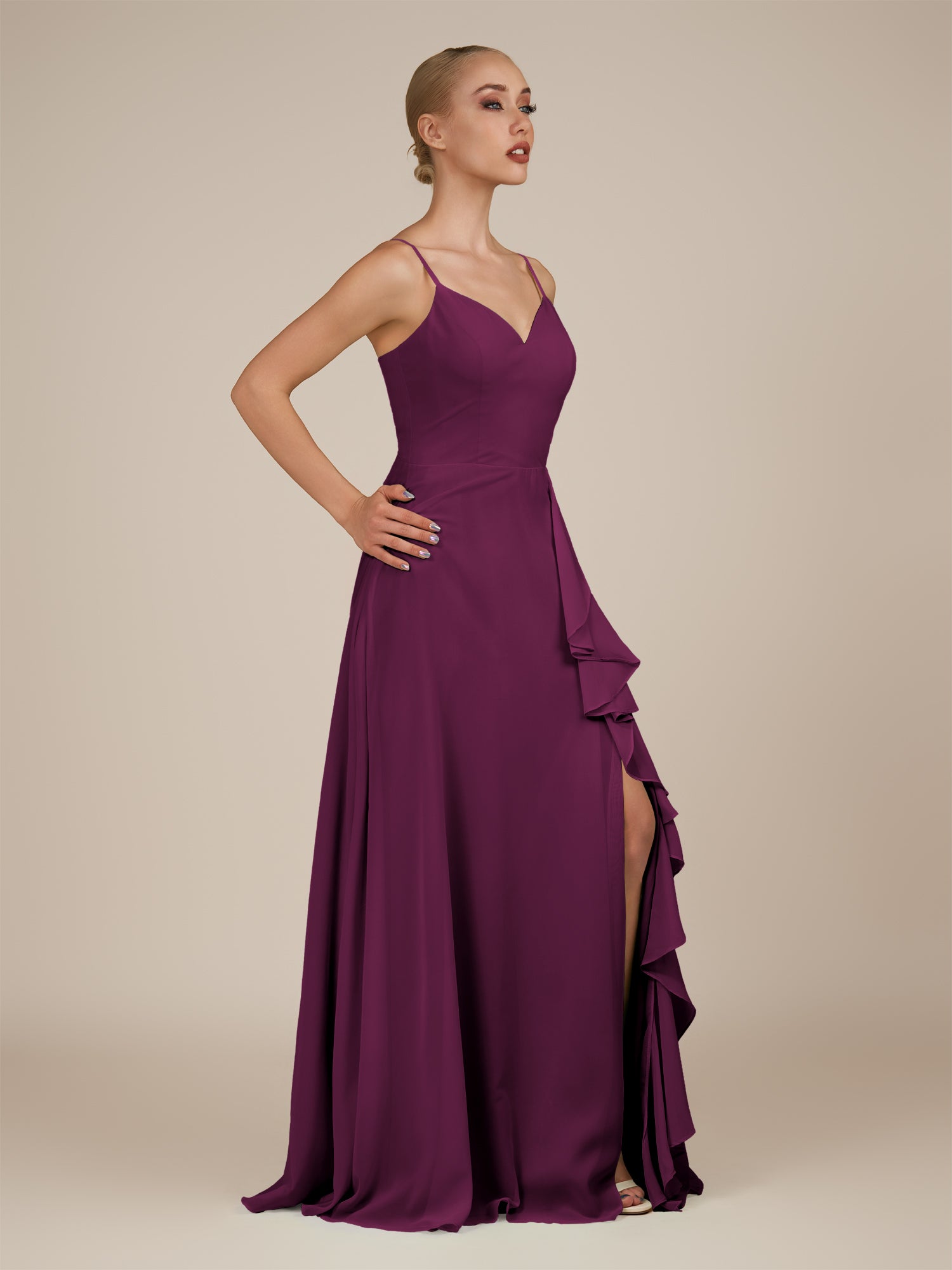 KissDress-Rhonda Fig Sheath Chiffon V Neck Ruffled Long Bridesmaid Dress with Slit