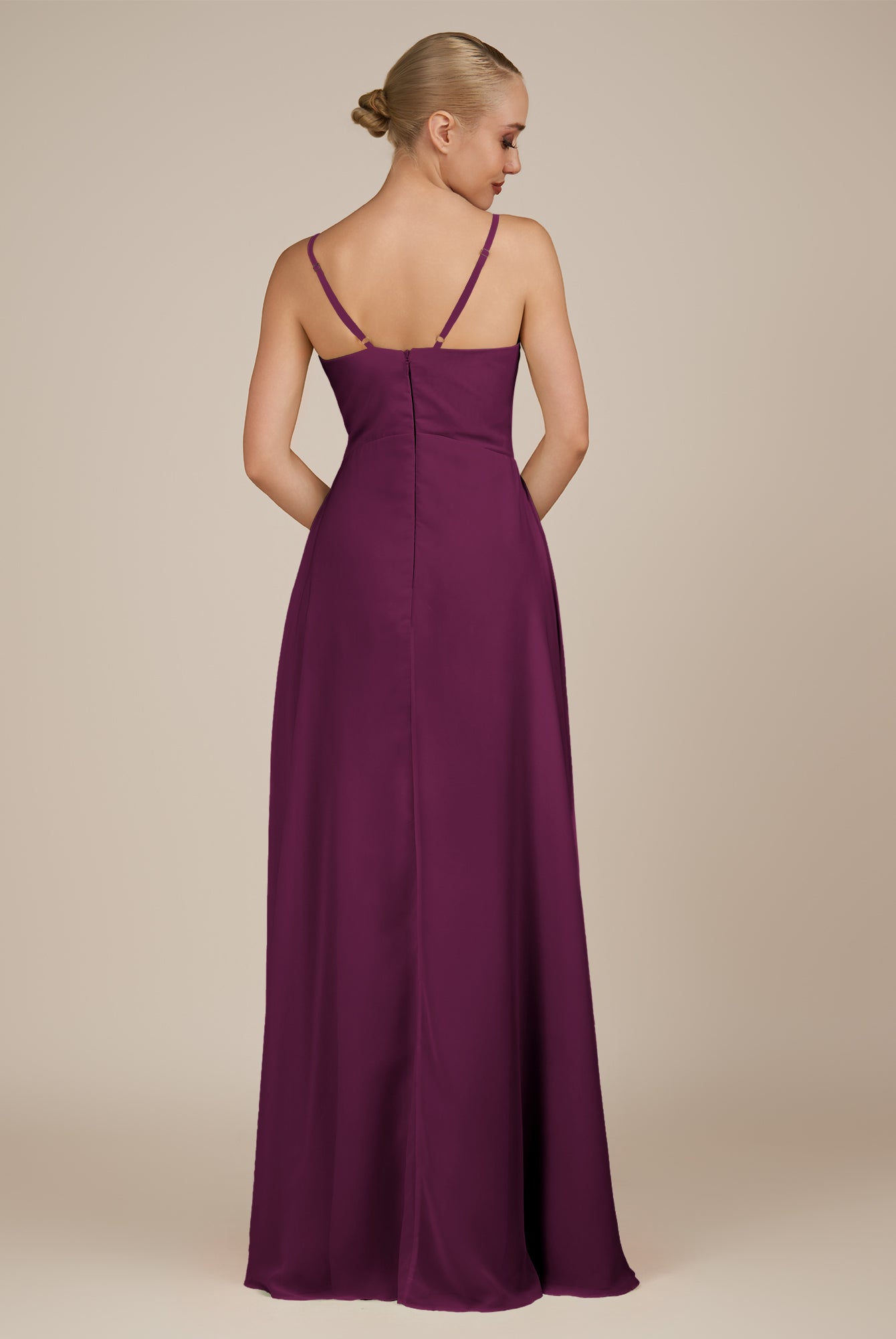 KissDress-Rhonda Fig Sheath Chiffon V Neck Ruffled Long Bridesmaid Dress with Slit