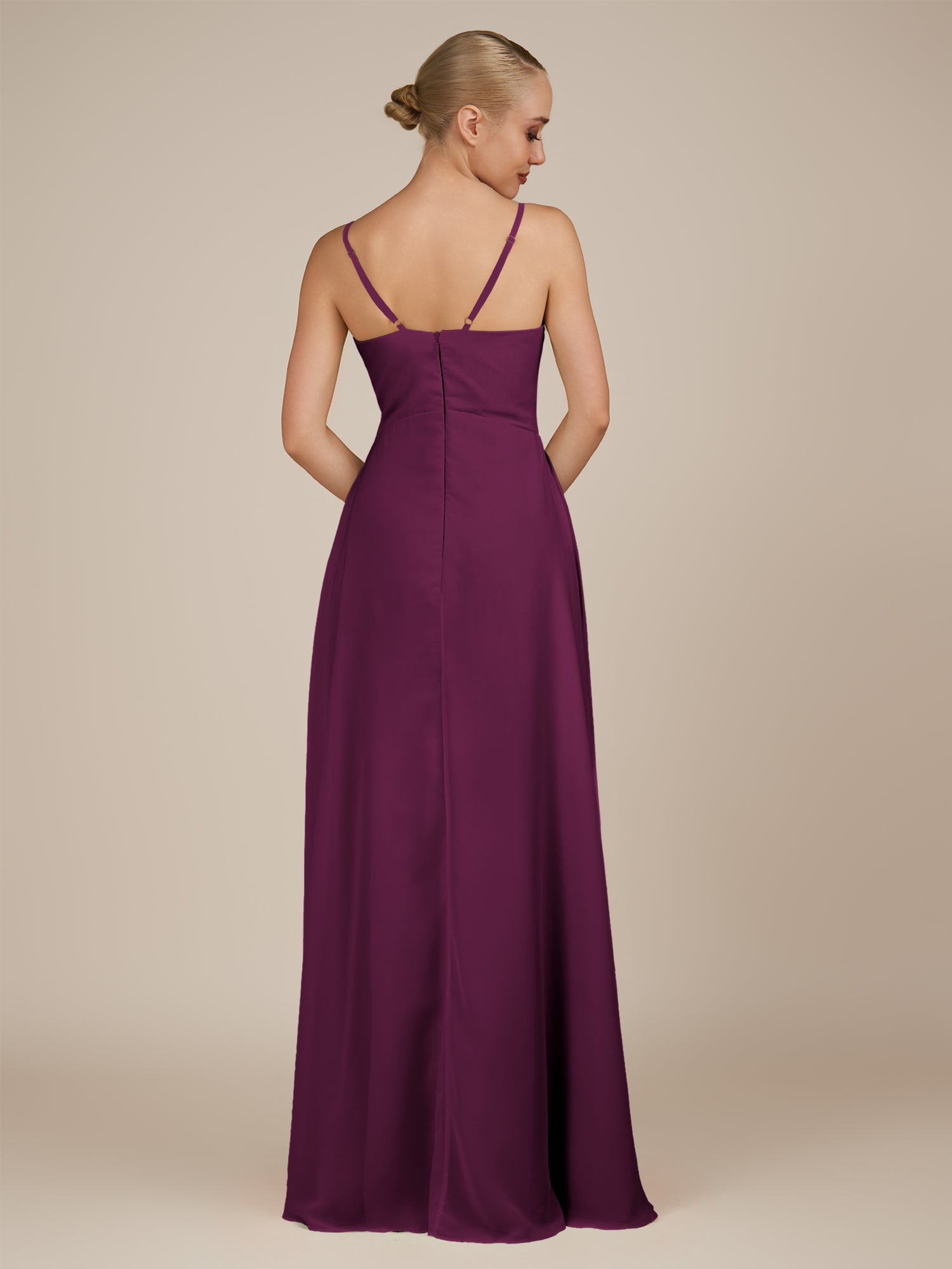 KissDress-Rhonda Fig Sheath Chiffon V Neck Ruffled Long Bridesmaid Dress with Slit