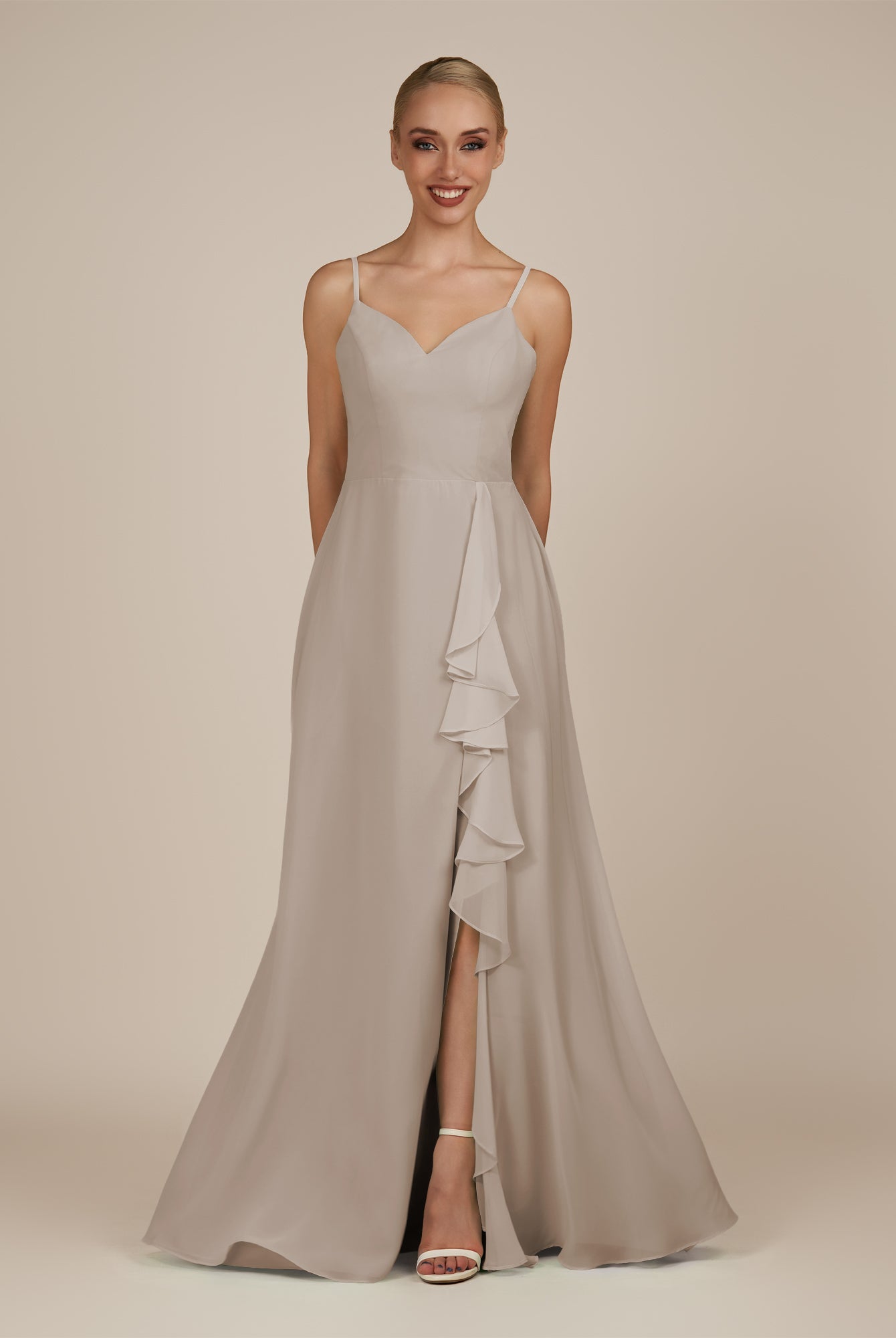 KissDress-Rhonda Frost Sheath Chiffon V Neck Ruffled Long Bridesmaid Dress with Slit
