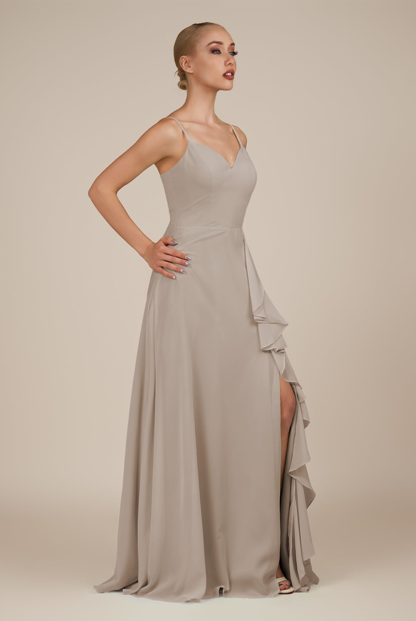 KissDress-Rhonda Frost Sheath Chiffon V Neck Ruffled Long Bridesmaid Dress with Slit