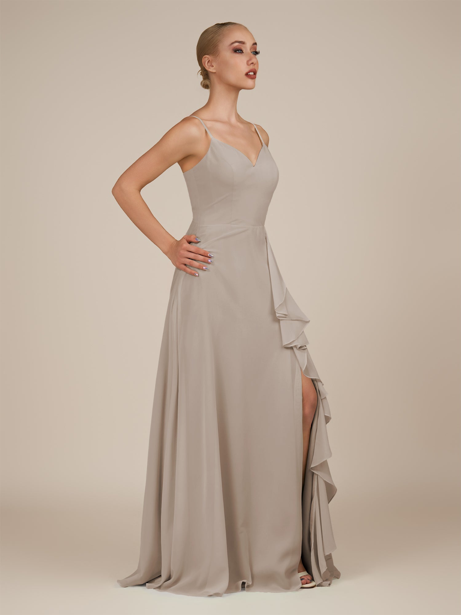 KissDress-Rhonda Frost Sheath Chiffon V Neck Ruffled Long Bridesmaid Dress with Slit