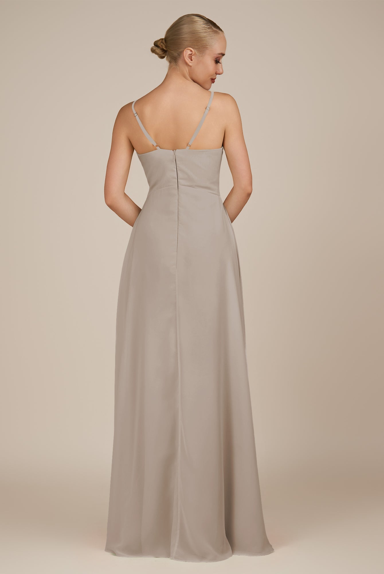 KissDress-Rhonda Frost Sheath Chiffon V Neck Ruffled Long Bridesmaid Dress with Slit
