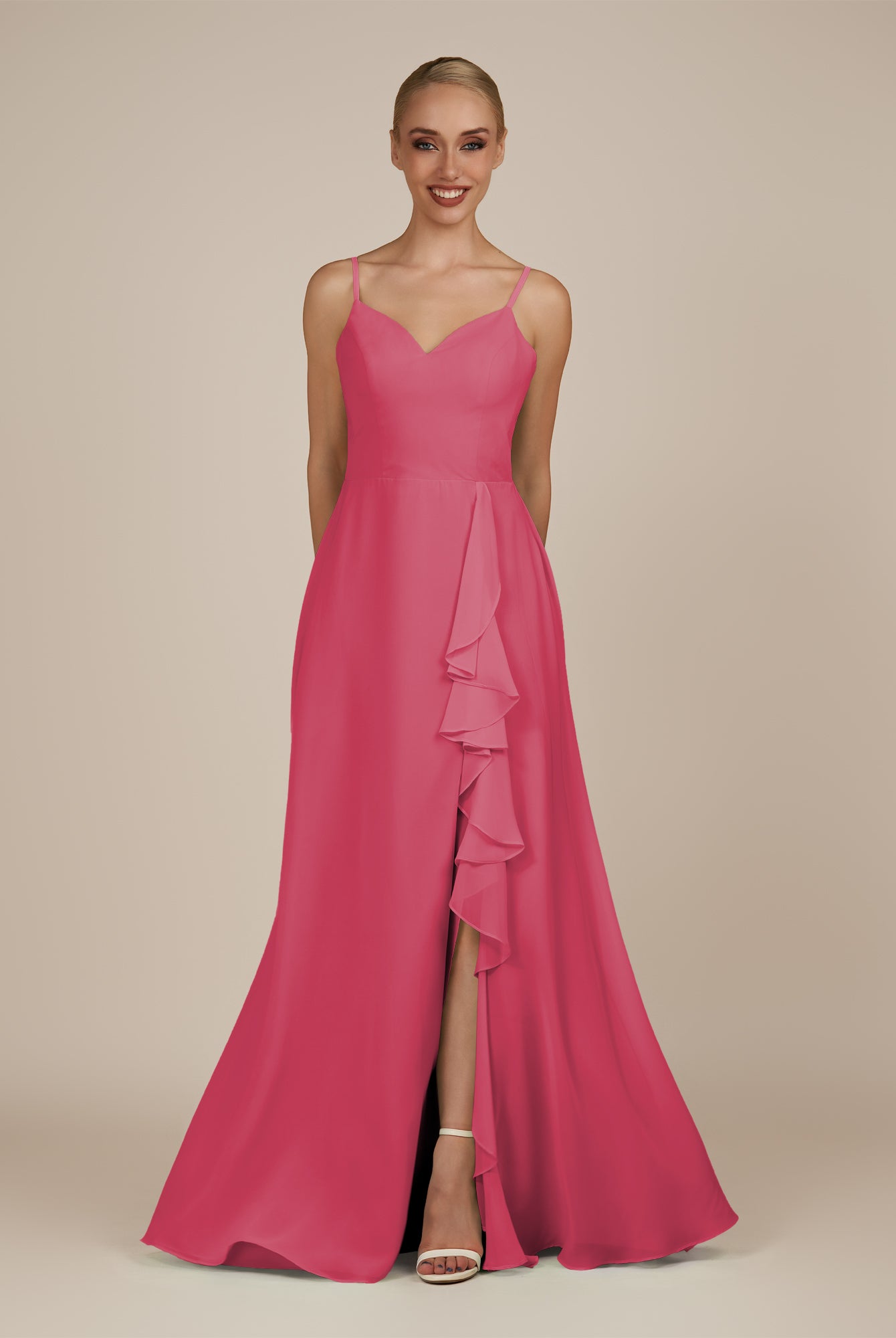 KissDress-Rhonda Fuchsia Sheath Chiffon V Neck Ruffled Long Bridesmaid Dress with Slit