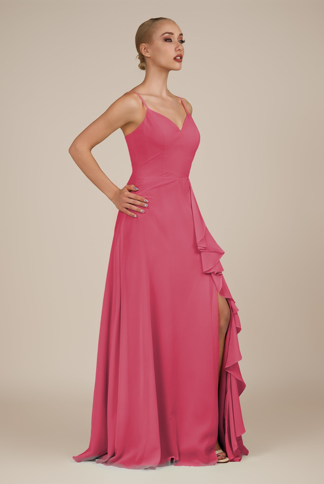 KissDress-Rhonda Fuchsia Sheath Chiffon V Neck Ruffled Long Bridesmaid Dress with Slit