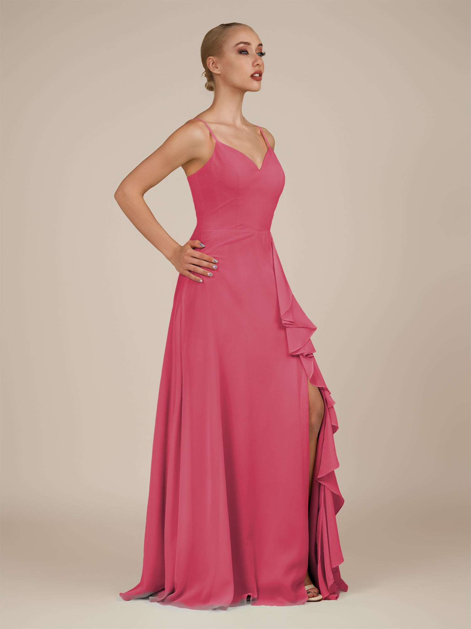 KissDress-Rhonda Fuchsia Sheath Chiffon V Neck Ruffled Long Bridesmaid Dress with Slit