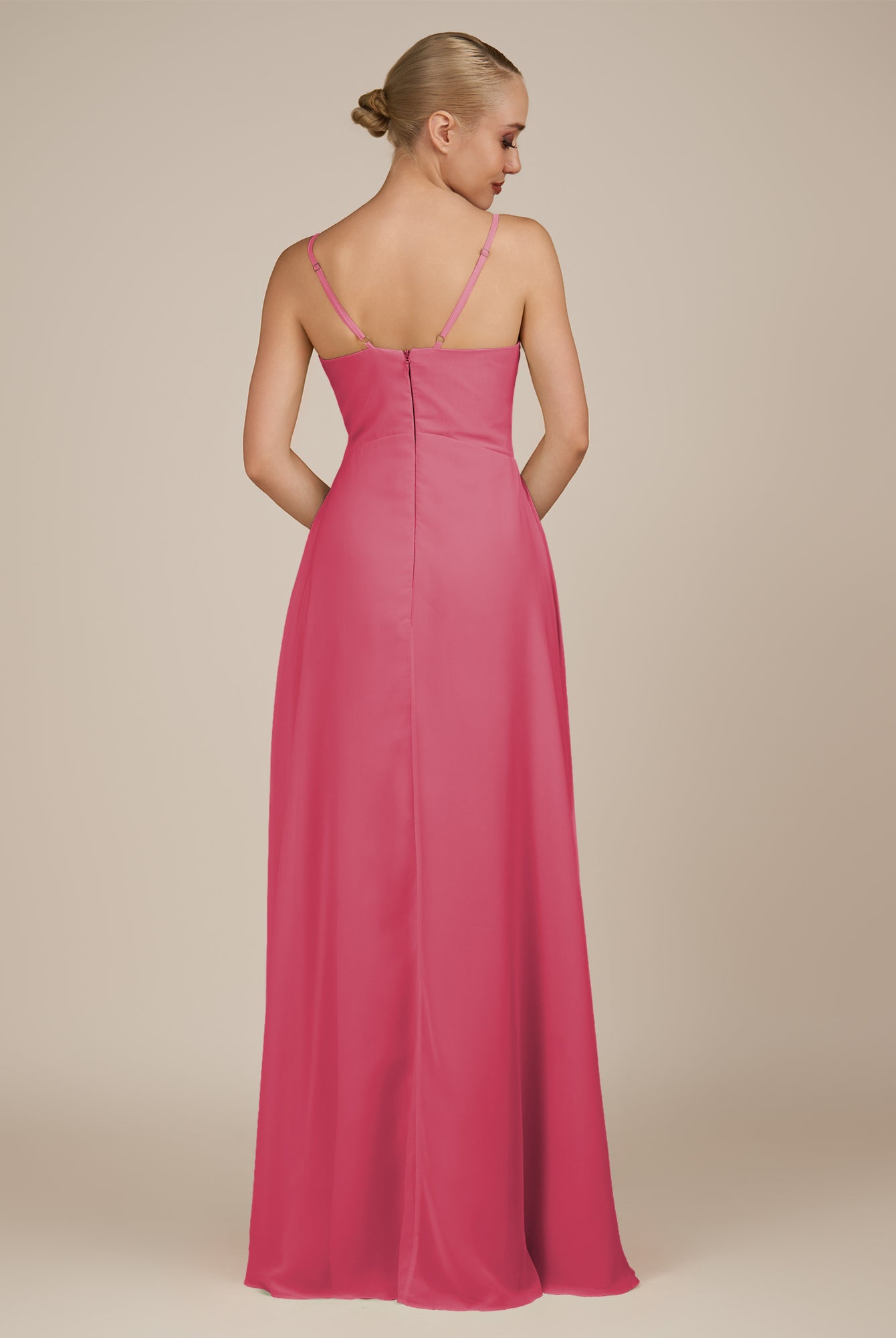 KissDress-Rhonda Fuchsia Sheath Chiffon V Neck Ruffled Long Bridesmaid Dress with Slit
