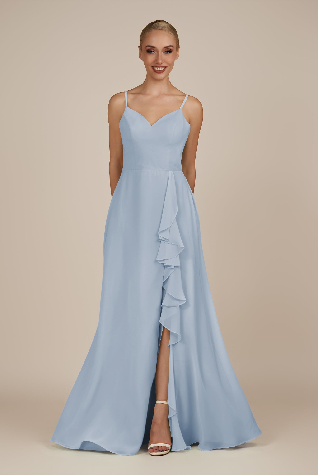 KissDress-Rhonda Ice Sheath Chiffon V Neck Ruffled Long Bridesmaid Dress with Slit