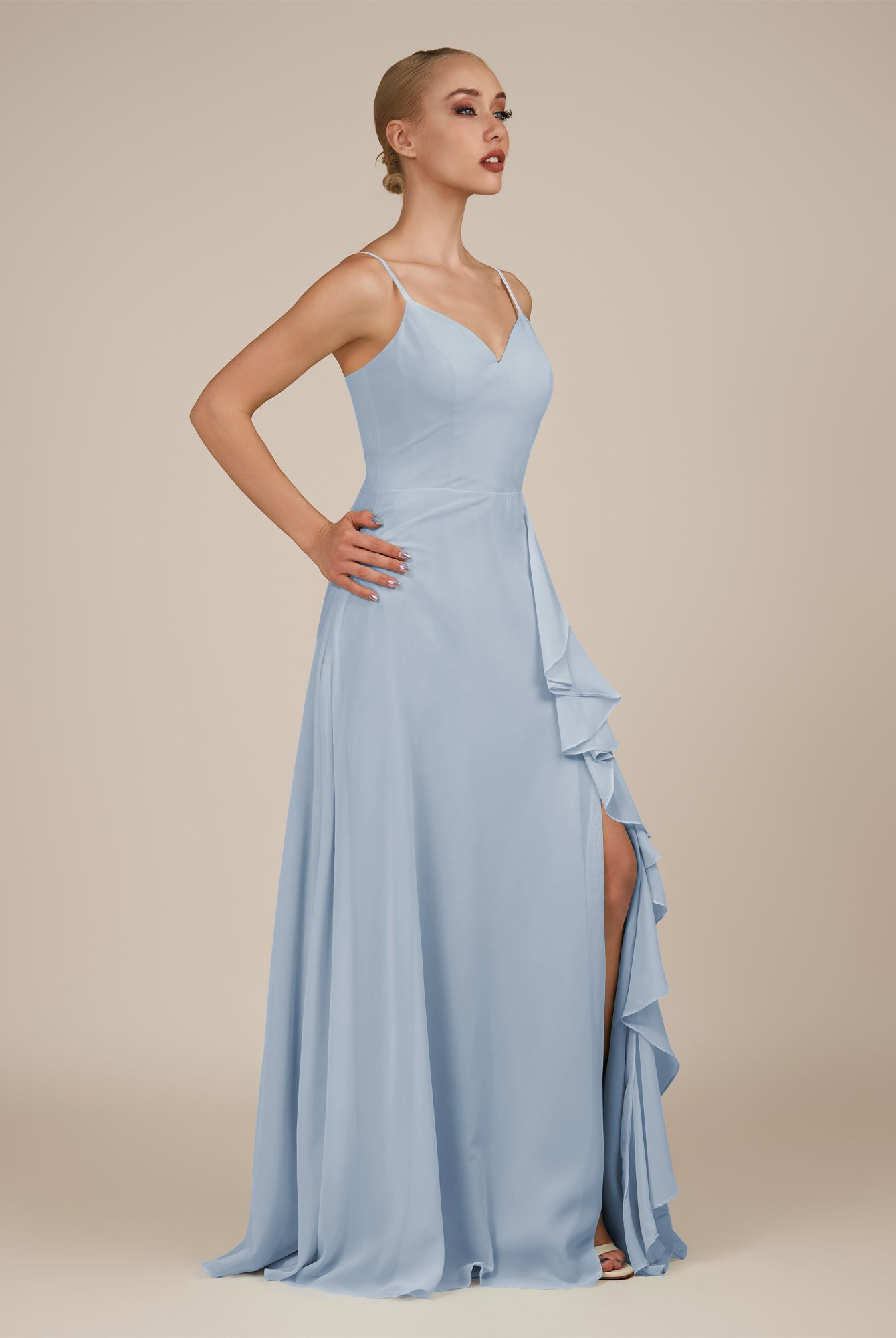 KissDress-Rhonda Ice Sheath Chiffon V Neck Ruffled Long Bridesmaid Dress with Slit