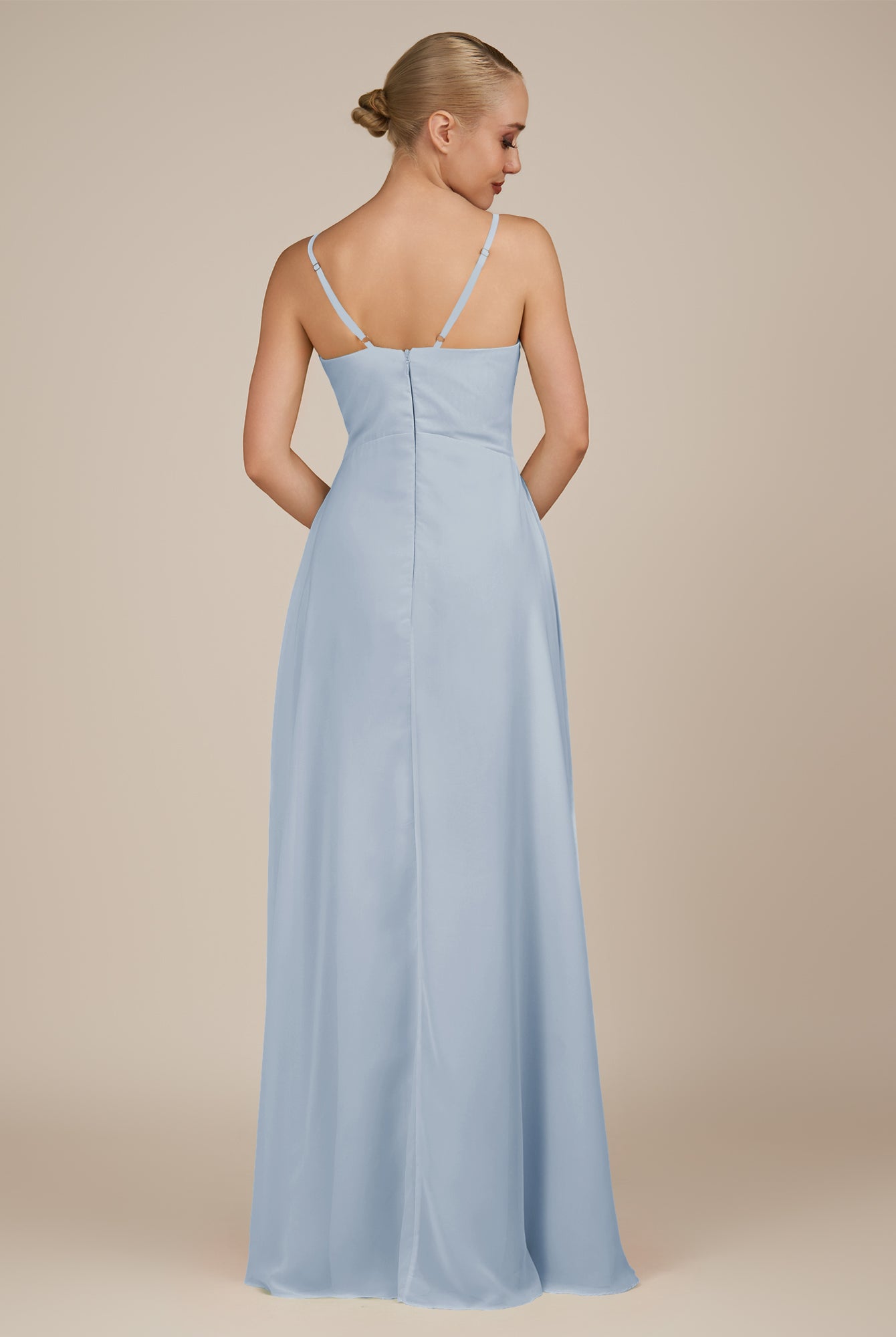 KissDress-Rhonda Ice Sheath Chiffon V Neck Ruffled Long Bridesmaid Dress with Slit