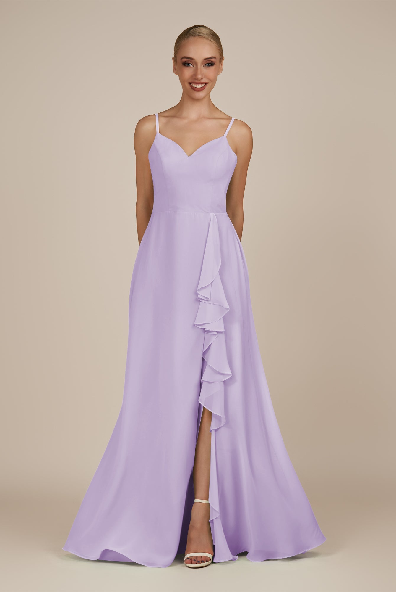 KissDress-Rhonda Lavender Sheath Chiffon V Neck Ruffled Long Bridesmaid Dress with Slit