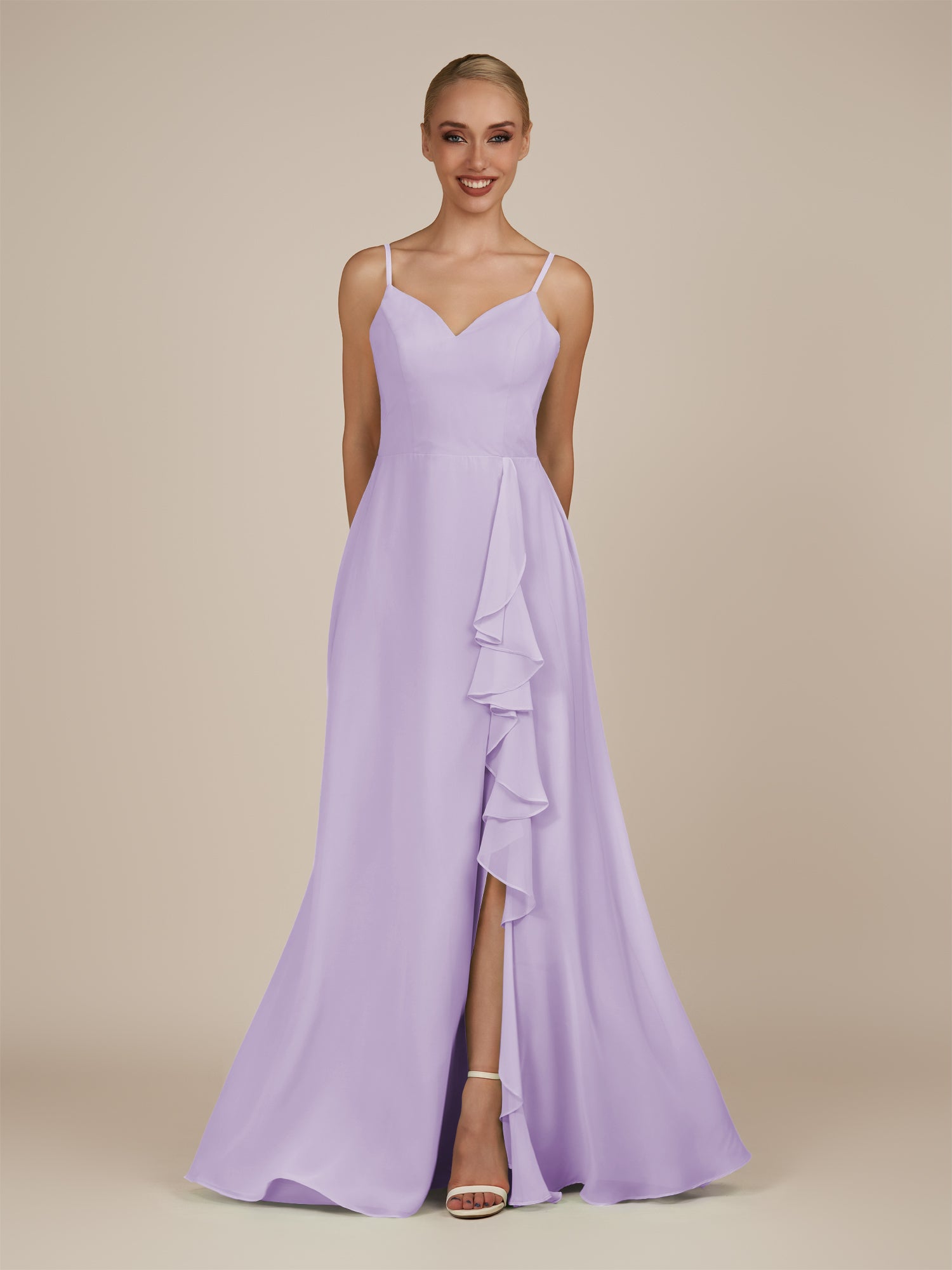KissDress-Rhonda Lavender Sheath Chiffon V Neck Ruffled Long Bridesmaid Dress with Slit