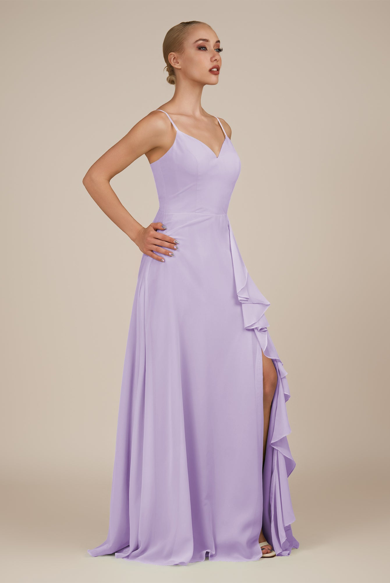 KissDress-Rhonda Lavender Sheath Chiffon V Neck Ruffled Long Bridesmaid Dress with Slit