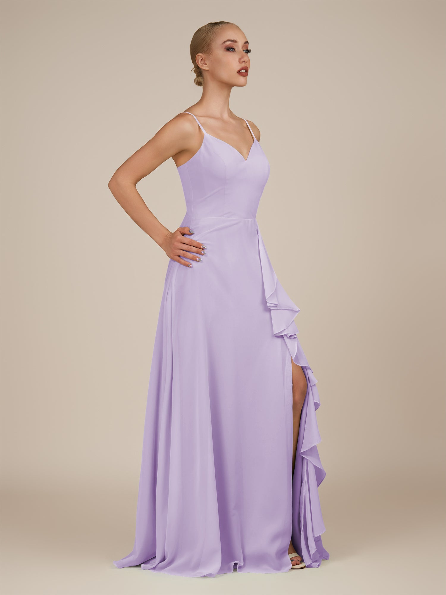 KissDress-Rhonda Lavender Sheath Chiffon V Neck Ruffled Long Bridesmaid Dress with Slit