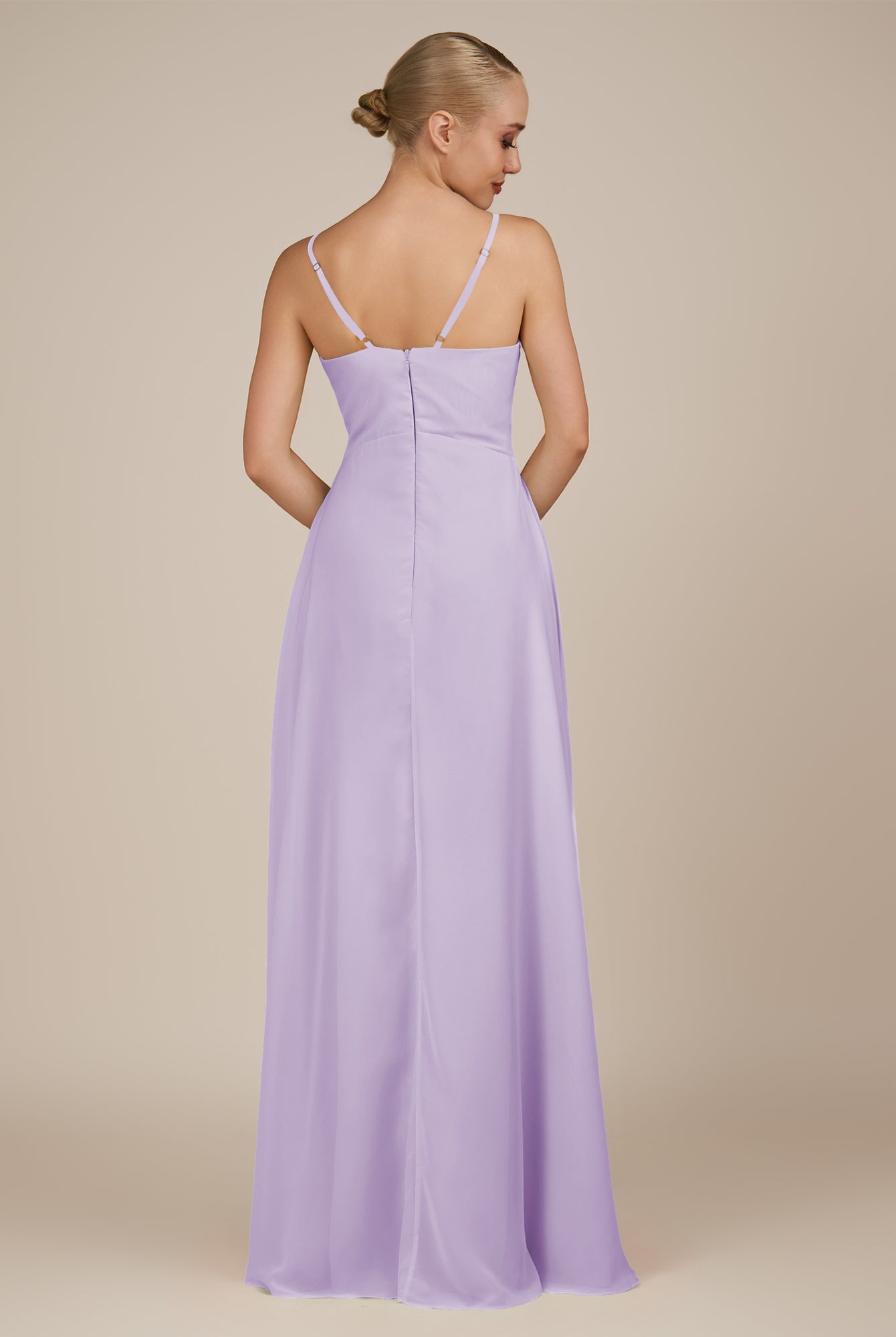 KissDress-Rhonda Lavender Sheath Chiffon V Neck Ruffled Long Bridesmaid Dress with Slit