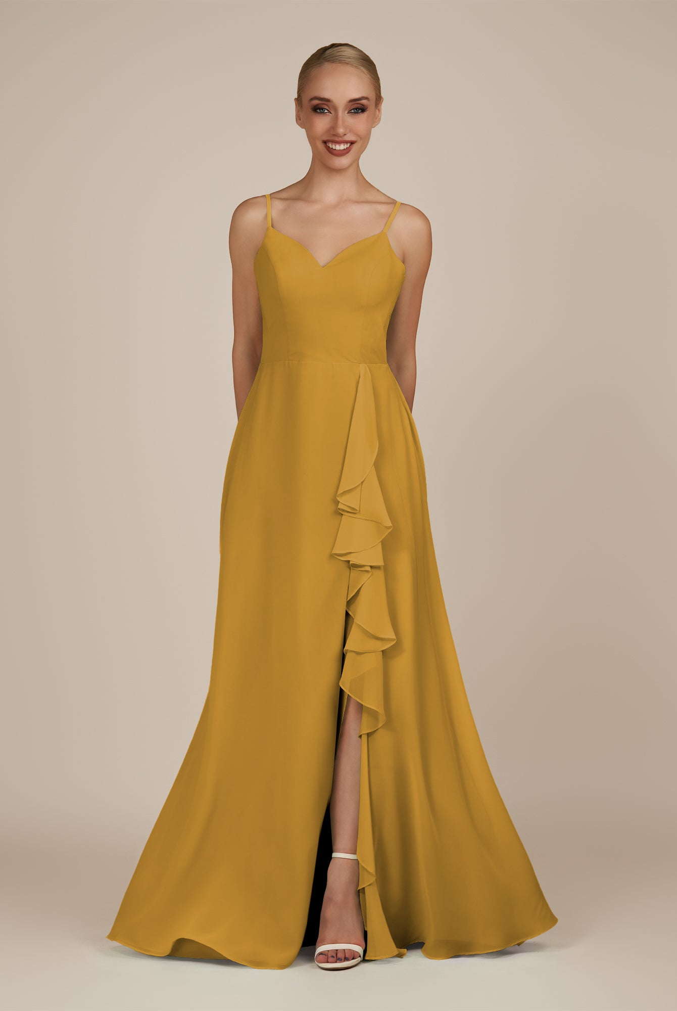 KissDress-Rhonda Marigold Sheath Chiffon V Neck Ruffled Long Bridesmaid Dress with Slit
