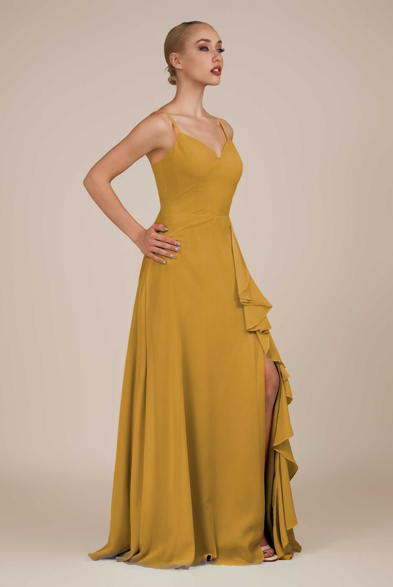 KissDress-Rhonda Marigold Sheath Chiffon V Neck Ruffled Long Bridesmaid Dress with Slit