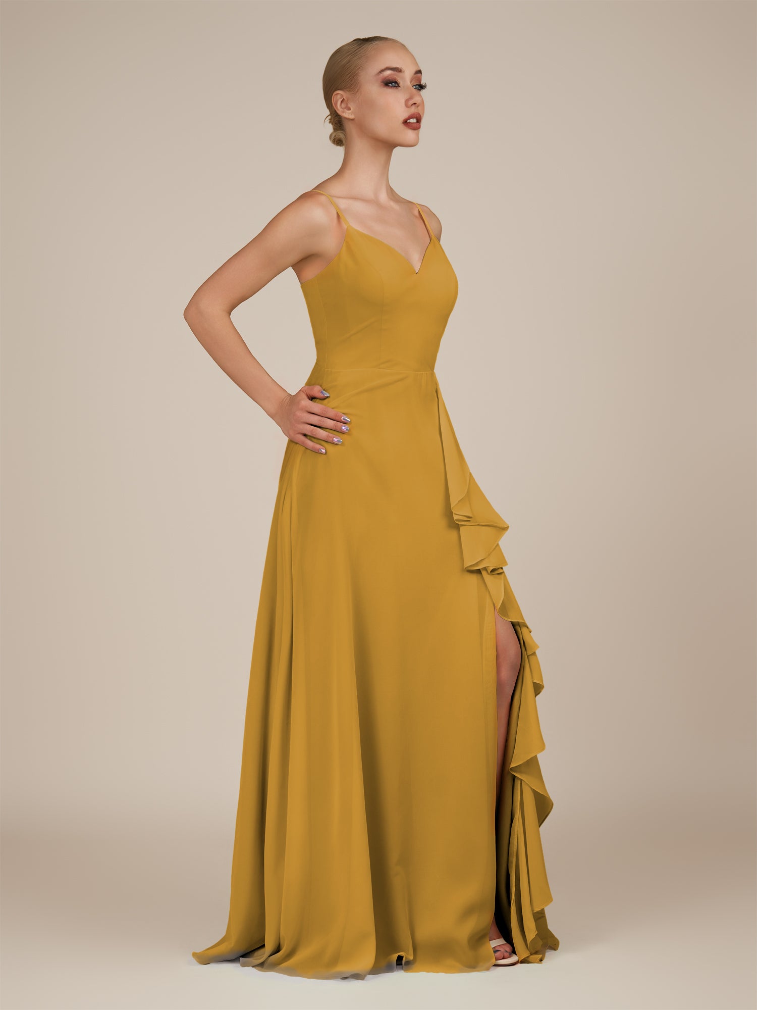 KissDress-Rhonda Marigold Sheath Chiffon V Neck Ruffled Long Bridesmaid Dress with Slit