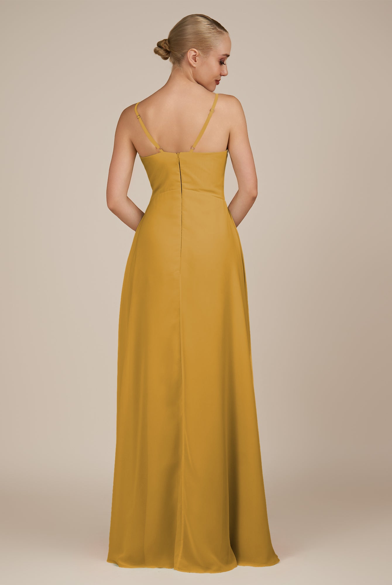KissDress-Rhonda Marigold Sheath Chiffon V Neck Ruffled Long Bridesmaid Dress with Slit
