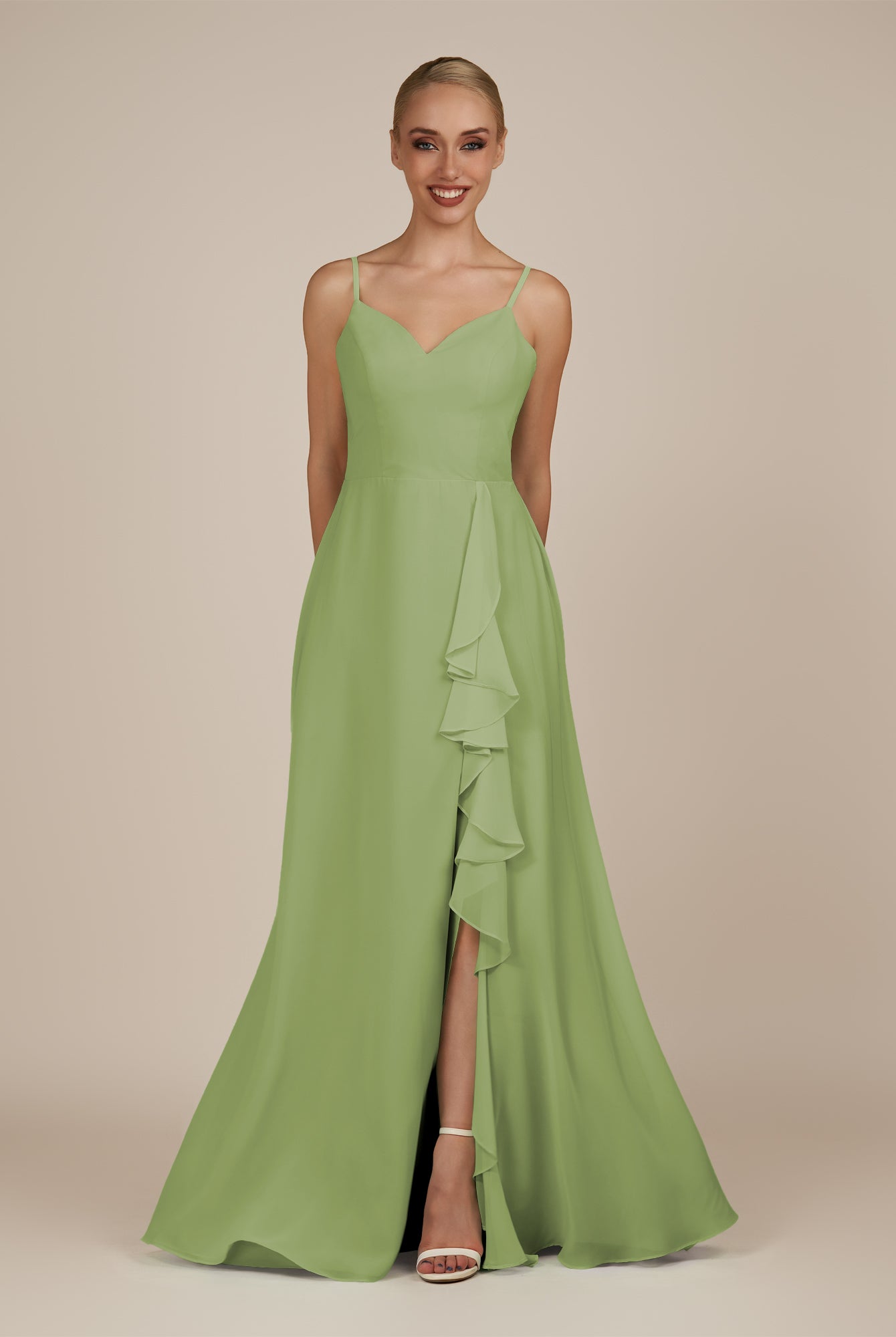 KissDress-Rhonda Matcha Sheath Chiffon V Neck Ruffled Long Bridesmaid Dress with Slit