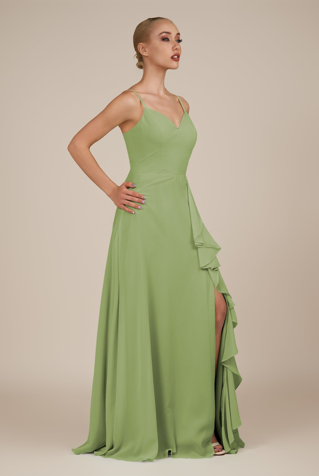 KissDress-Rhonda Matcha Sheath Chiffon V Neck Ruffled Long Bridesmaid Dress with Slit