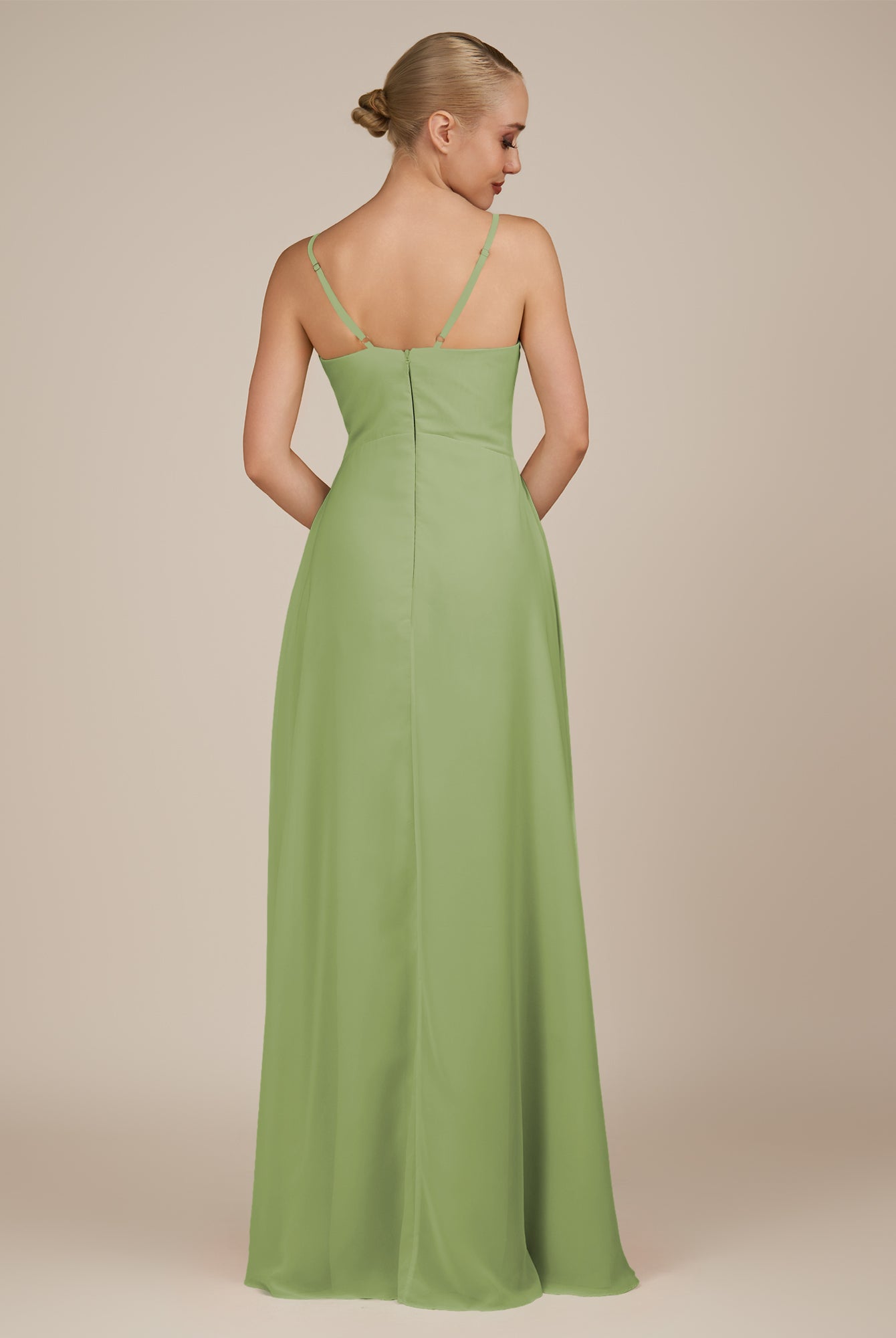 KissDress-Rhonda Matcha Sheath Chiffon V Neck Ruffled Long Bridesmaid Dress with Slit