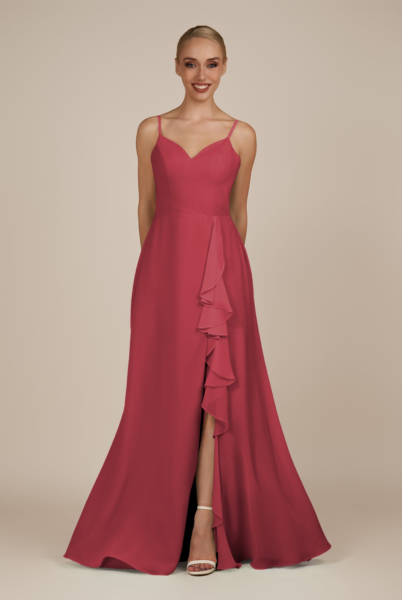 KissDress-Rhonda Merlot Sheath Chiffon V Neck Ruffled Long Bridesmaid Dress with Slit