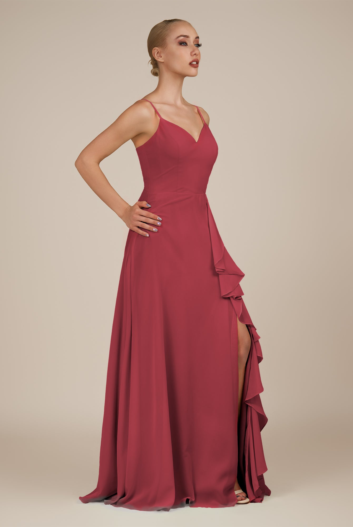 KissDress-Rhonda Merlot Sheath Chiffon V Neck Ruffled Long Bridesmaid Dress with Slit