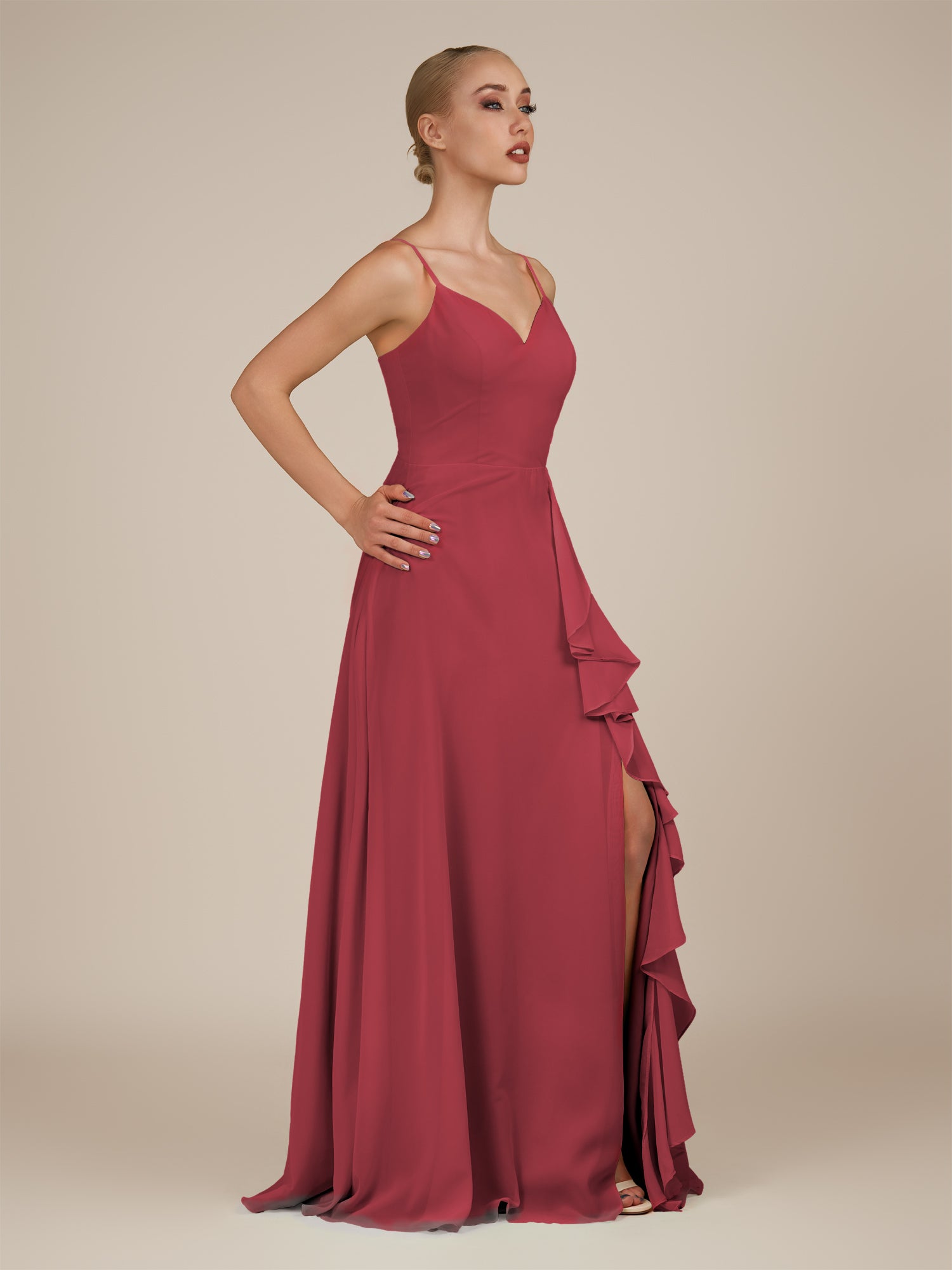 KissDress-Rhonda Merlot Sheath Chiffon V Neck Ruffled Long Bridesmaid Dress with Slit