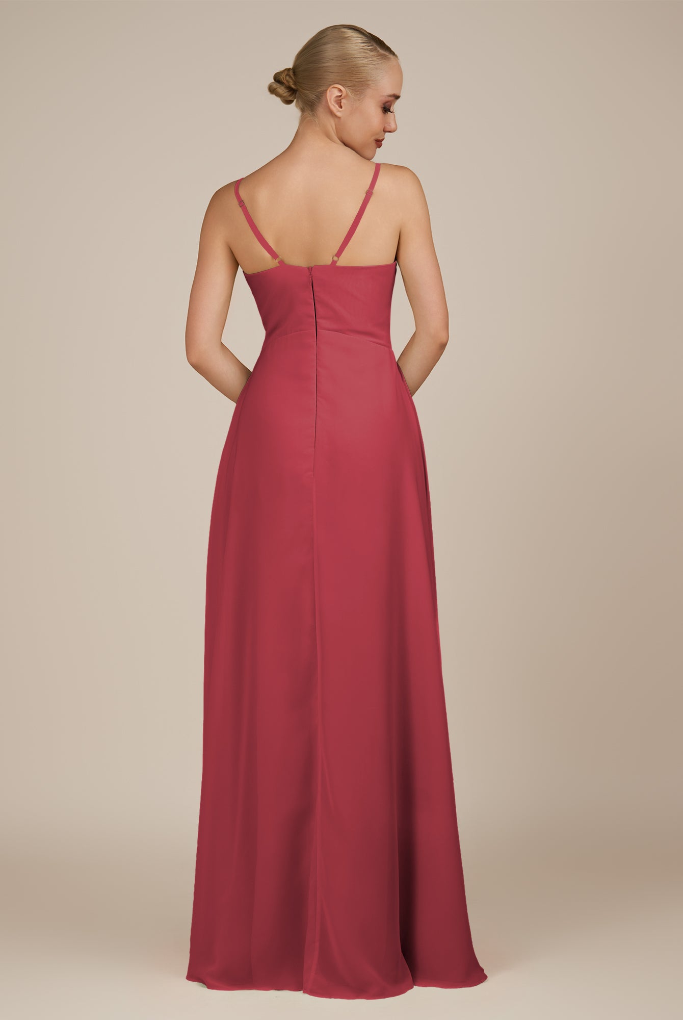 KissDress-Rhonda Merlot Sheath Chiffon V Neck Ruffled Long Bridesmaid Dress with Slit