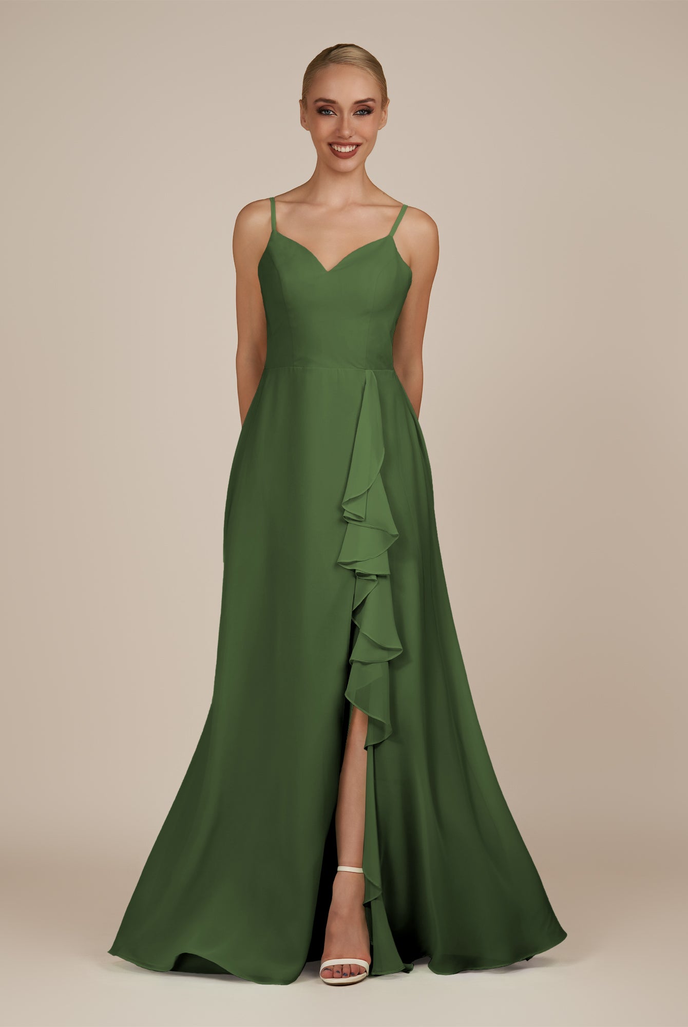 KissDress-Rhonda Moss Sheath Chiffon V Neck Ruffled Long Bridesmaid Dress with Slit