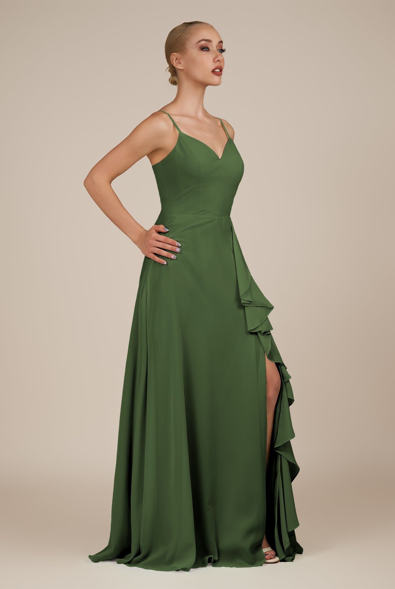 KissDress-Rhonda Moss Sheath Chiffon V Neck Ruffled Long Bridesmaid Dress with Slit