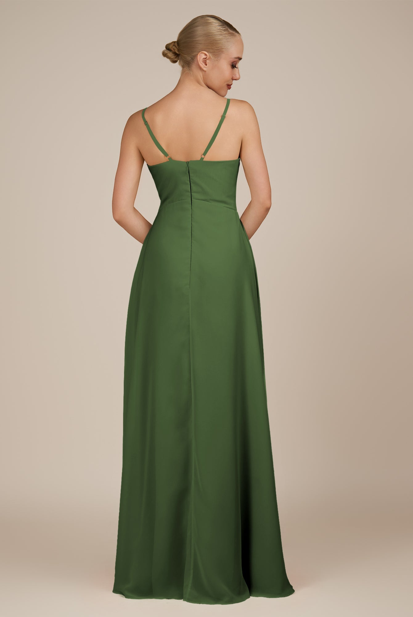KissDress-Rhonda Moss Sheath Chiffon V Neck Ruffled Long Bridesmaid Dress with Slit