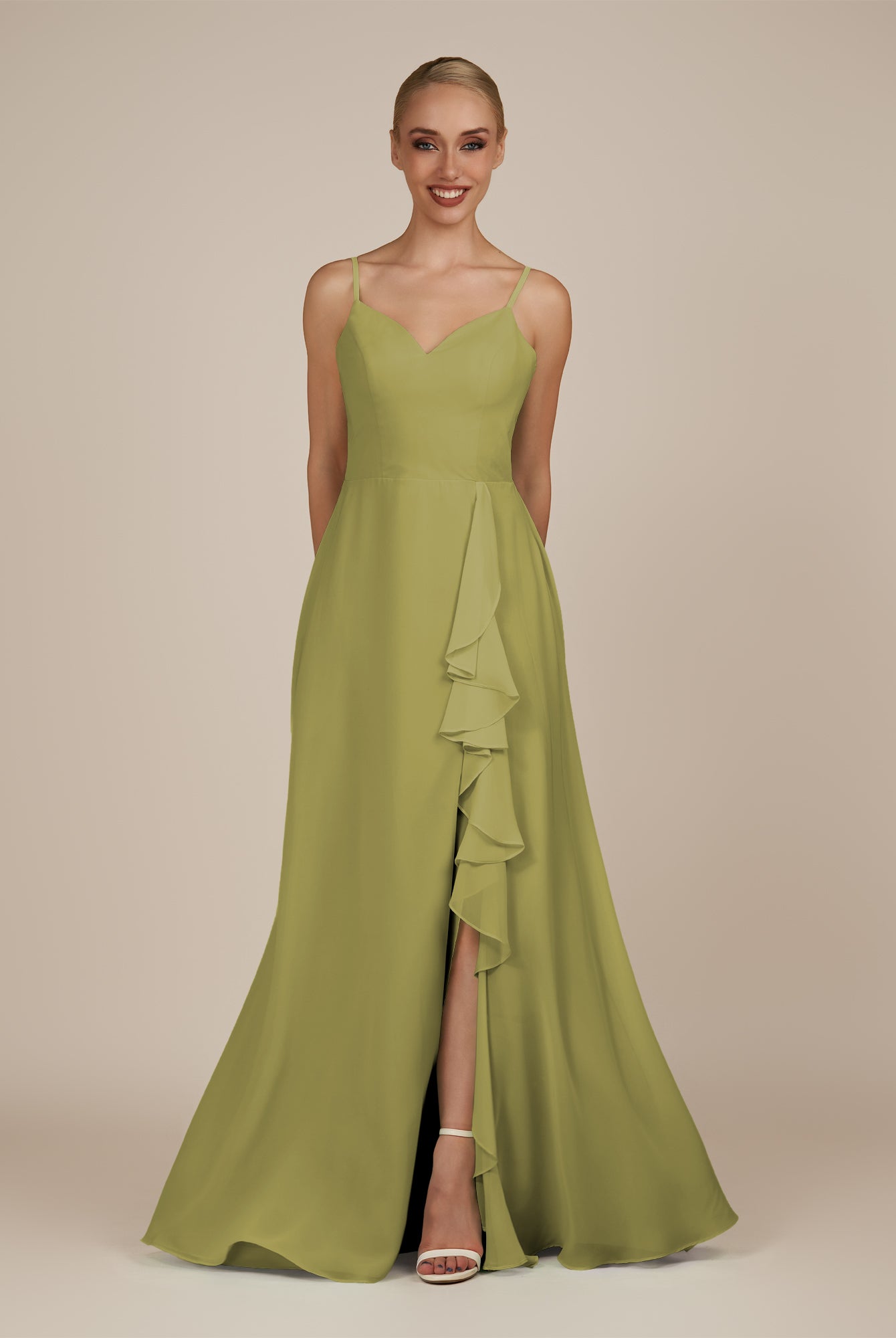 KissDress-Rhonda Moss Green Sheath Chiffon V Neck Ruffled Long Bridesmaid Dress with Slit